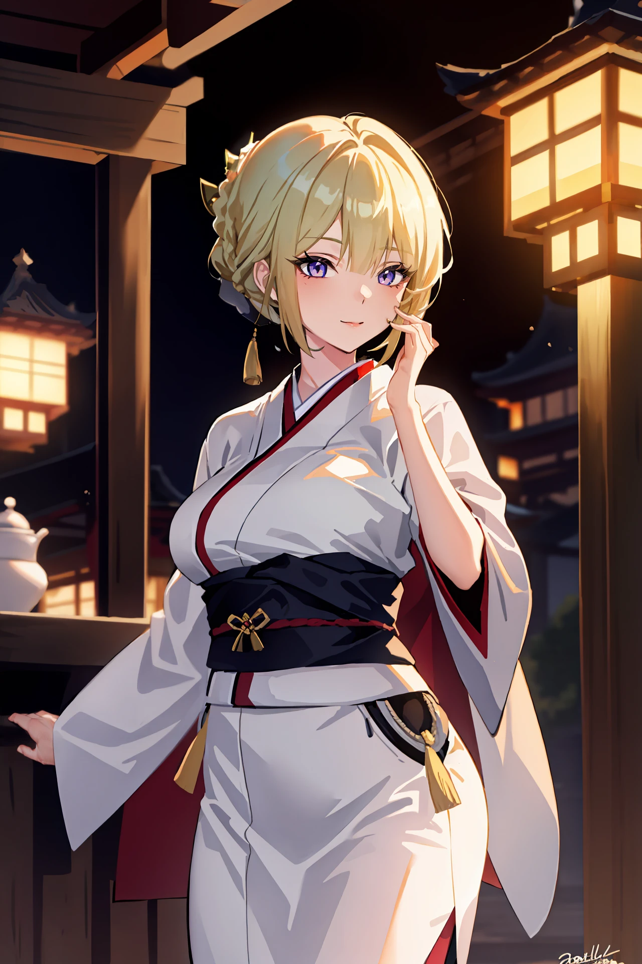 (best quality, masterpiece:1.2), 1girl, solo, evelyn chevalier, braided bun, hair up, kimono, obi, sash, tabi, standing, cowboy shot, hands on own chest, light smile, east asian architecture, outdoors, blurry background, masterpiece