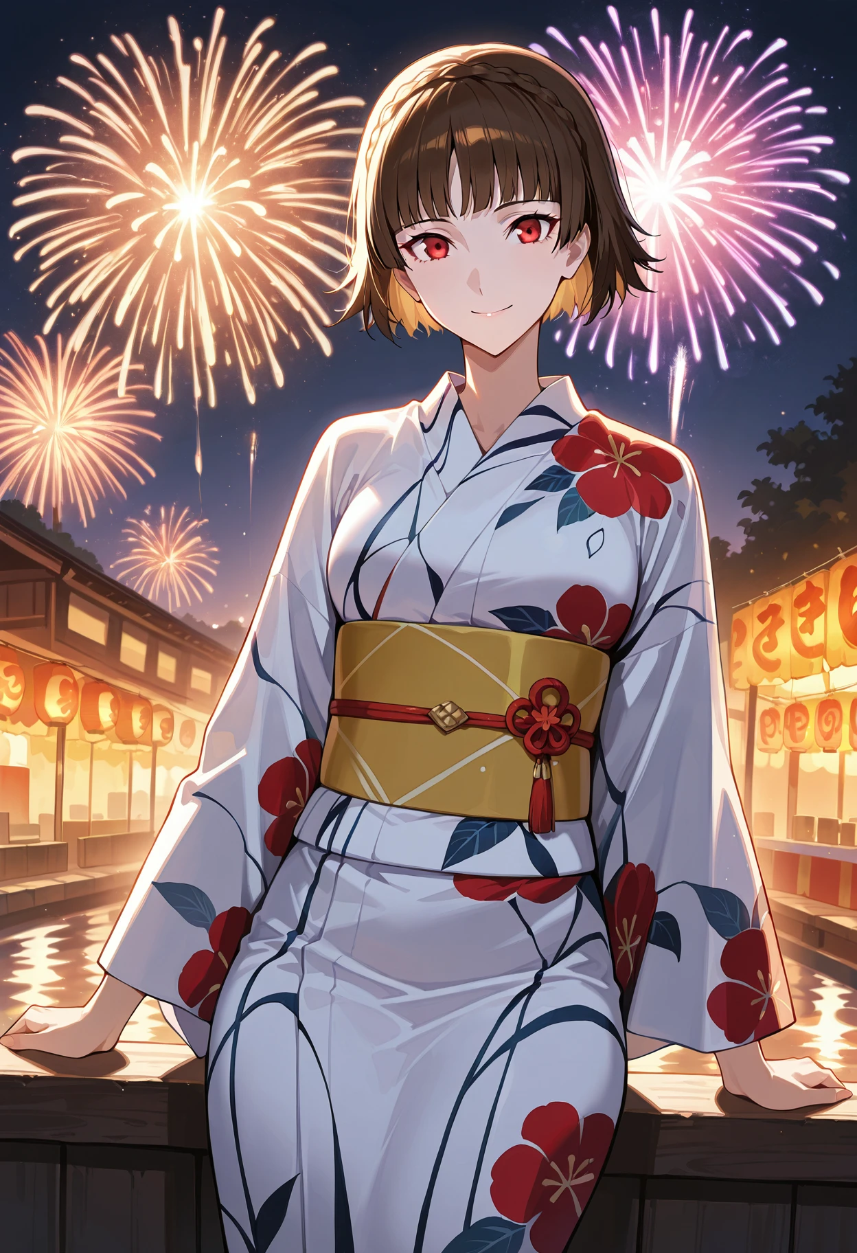 (masterwork, masterpiece, best quality, hyper-detailed :1.2)
1 girl, solo
p5makoto, niijima makoto, brown hair, blunt bangs, crown braid, red eyes,
p5makoto-yukata, japanese clothes, yukata, white yukata, floral print, red flowers, sash, obi, yellow obi,
outside, nighttime, fireworks, festival, happy, smile,