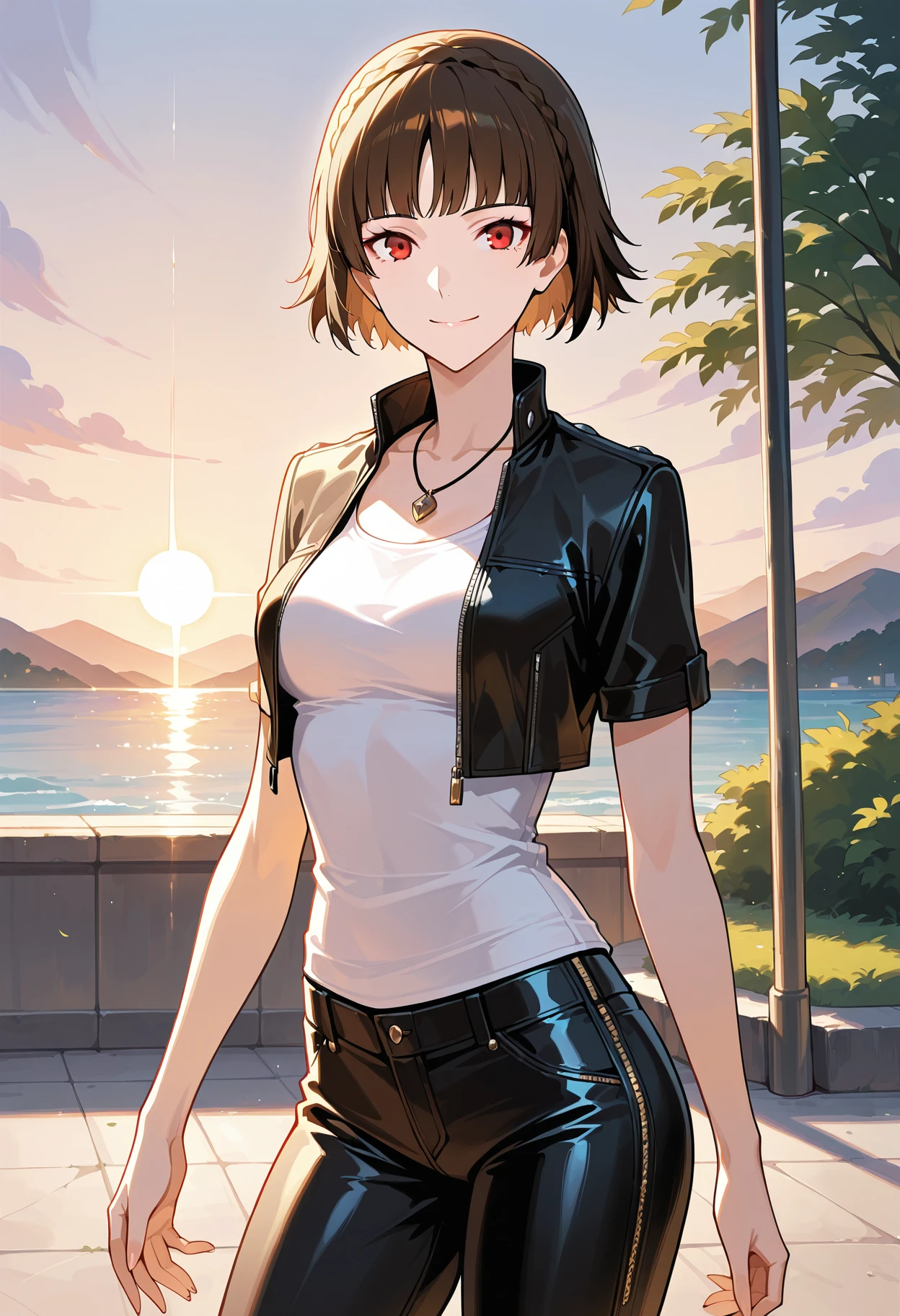 (masterwork, masterpiece, best quality, hyper-detailed :1.2)
1 girl, solo
p5makoto, niijima makoto, brown hair, blunt bangs, crown braid, red eyes,
p5makoto-strikers, necklace, short sleeves, cropped jacket, black leather jacket, , collarbone, white shirt, tank top, pendant, leather pants
outside, summer, park, sun, hot, treens, greenery, happy, smile, looking at viewer, cowboy shot,