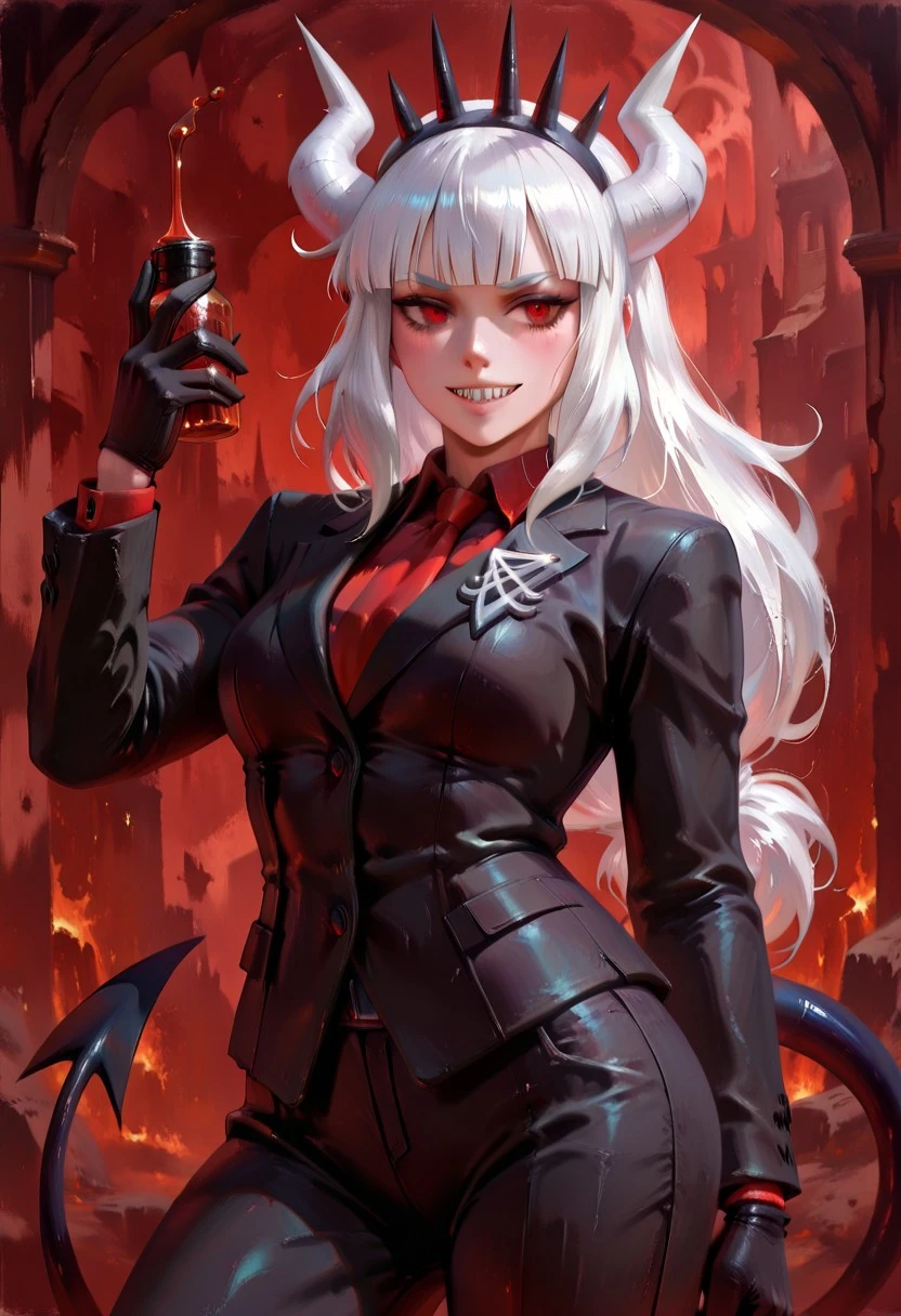 masterpiece, best quality, newest, absurdres, highres, oil painting, DFOP-V1.0, semi-realistic, 1girl, lucifer \(helltaker\), black suit, red necktie, black collared shirt, black gloves, blunt bangs, demon horns, demon girl, demon tail, sharp teeth, red eyes, white hair, long hair