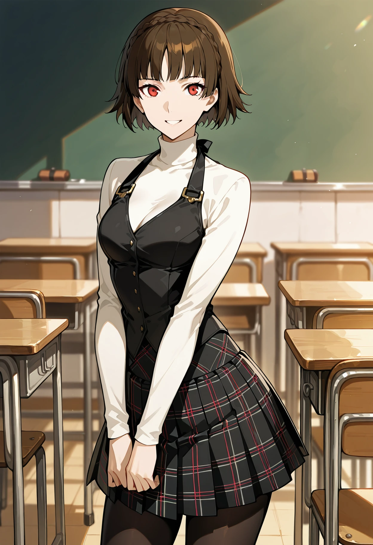(masterwork, masterpiece, best quality, hyper-detailed :1.2)
1 girl, solo
p5makoto, niijima makoto, brown hair, blunt bangs, crown braid, red eyes,
p5makoto-winuni, white turtleneck, long sleeves, black vest, halter neck vest, pleated plaid skirt, pantyhose,
classroom, standing, smile, teeth, looking at viewer,