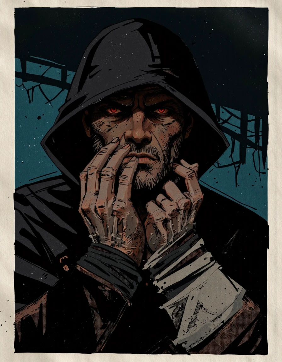 By Alex Vede. This is a digital illustration in a dark, gritty, and stylized comic book art style. The subject is a male figure with a gaunt, gauntleted hand, and a face obscured by a hood, revealing only his piercing, glowing red eyes that stand out starkly against the dark background. His face is twisted in a snarl, with a menacing expression, and his mouth is open, revealing sharp, pointed teeth.