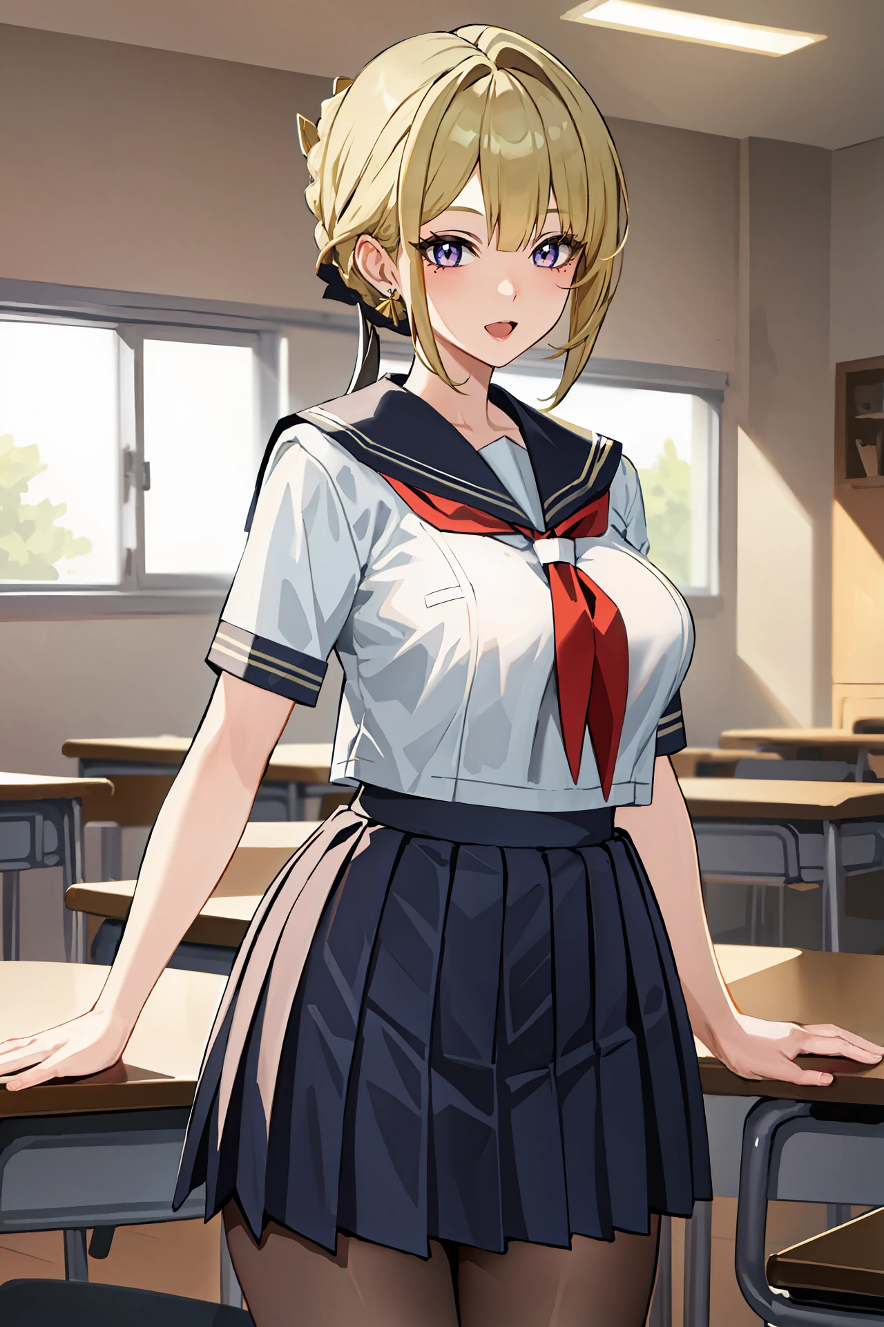 (best quality, masterpiece:1.2), 1girl, solo, evelyn chevalier, braided bun, hair up, serafuku, sailor collar, pleated skirt, pantyhose, no shoes, looking at viewer, light smile, cowboy shot, smile, open mouth, classroom, indoors, depth of field