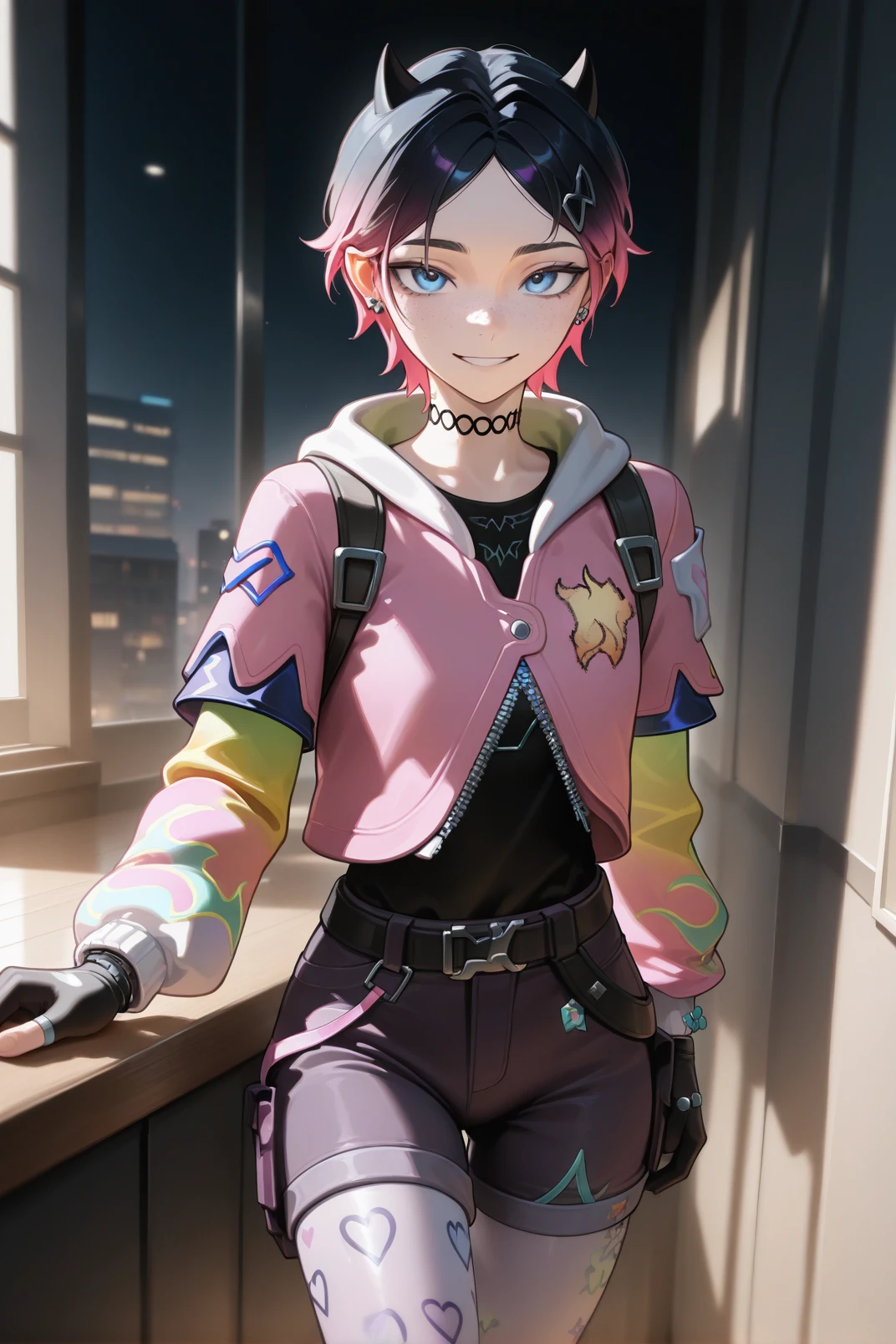 masterpiece, best quality, amazing quality, very aesthetic, absurdres, newest, , 1girl, <lora:clove_valorant_IL_v4:0.65> clove \(valorant\), short hair, small horns, black hair, pink hair, gradient hair, black shirt, blue eyes, freckles,
shorts, print legwear, pink jacket, very short hair, legwear under shorts, pink vest, jacket, choker,
indoors, upper body,