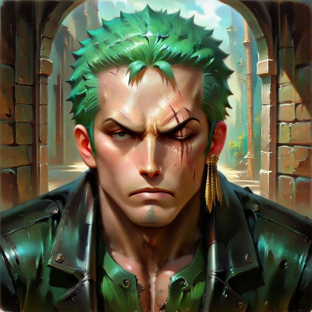 masterpiece, best quality, newest, absurdres, highres, oil painting, DFOP-V1.0, semi-realistic, 1boy, Zoro \(one piece\), green hair, one closed eye, one eye open, scar over eye,