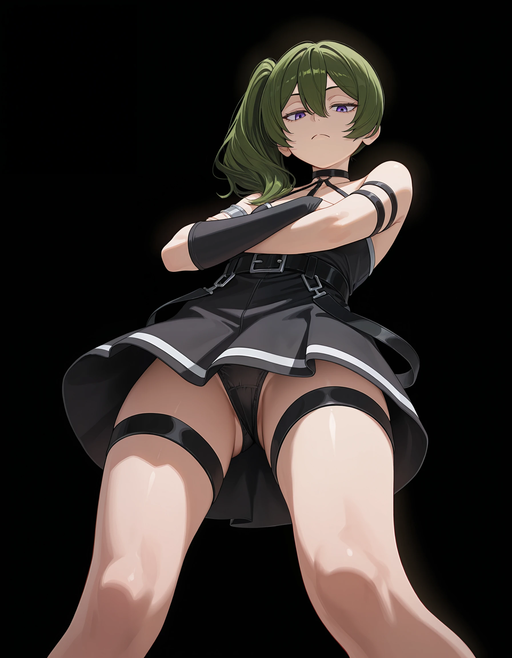 <lora:Ubel v2 Illu:1>1girl, solo,
ub3l, green hair, purple eyes, long hair, side ponytail, hair between eyes,
ub3ldefault, double arm strap, black belt, short black dress, suspenders hanging, thigh straps, o-ring choker, armlet, single elbow glove,
pantyshot, from below, looking down at viewer, frown, crossed arms, black panties, legs apart,
simple background, black background