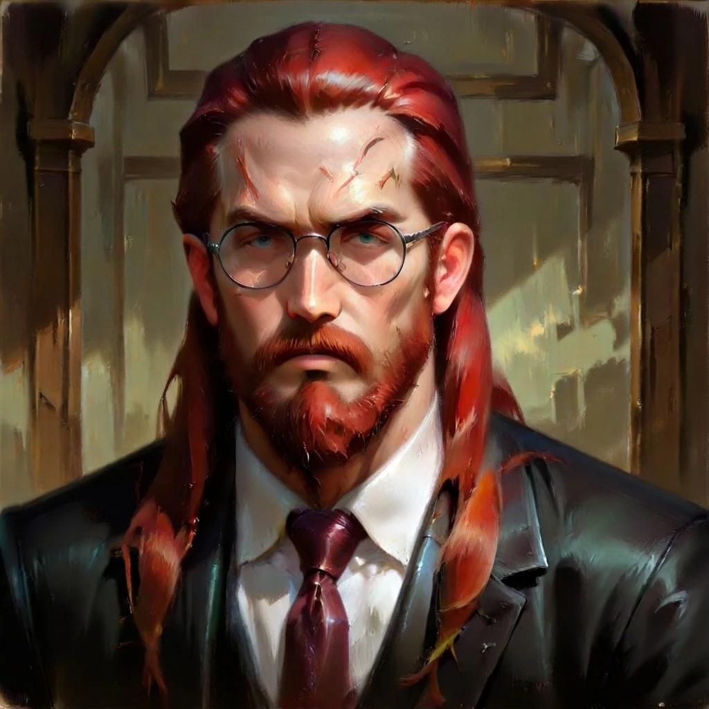 masterpiece, best quality, newest, absurdres, highres, oil painting, DFOP-V1.0, semi-realistic, 1boy, glasses, red hair, suit, round glasses, beard, facial hair, mustache, scar, scars on face
