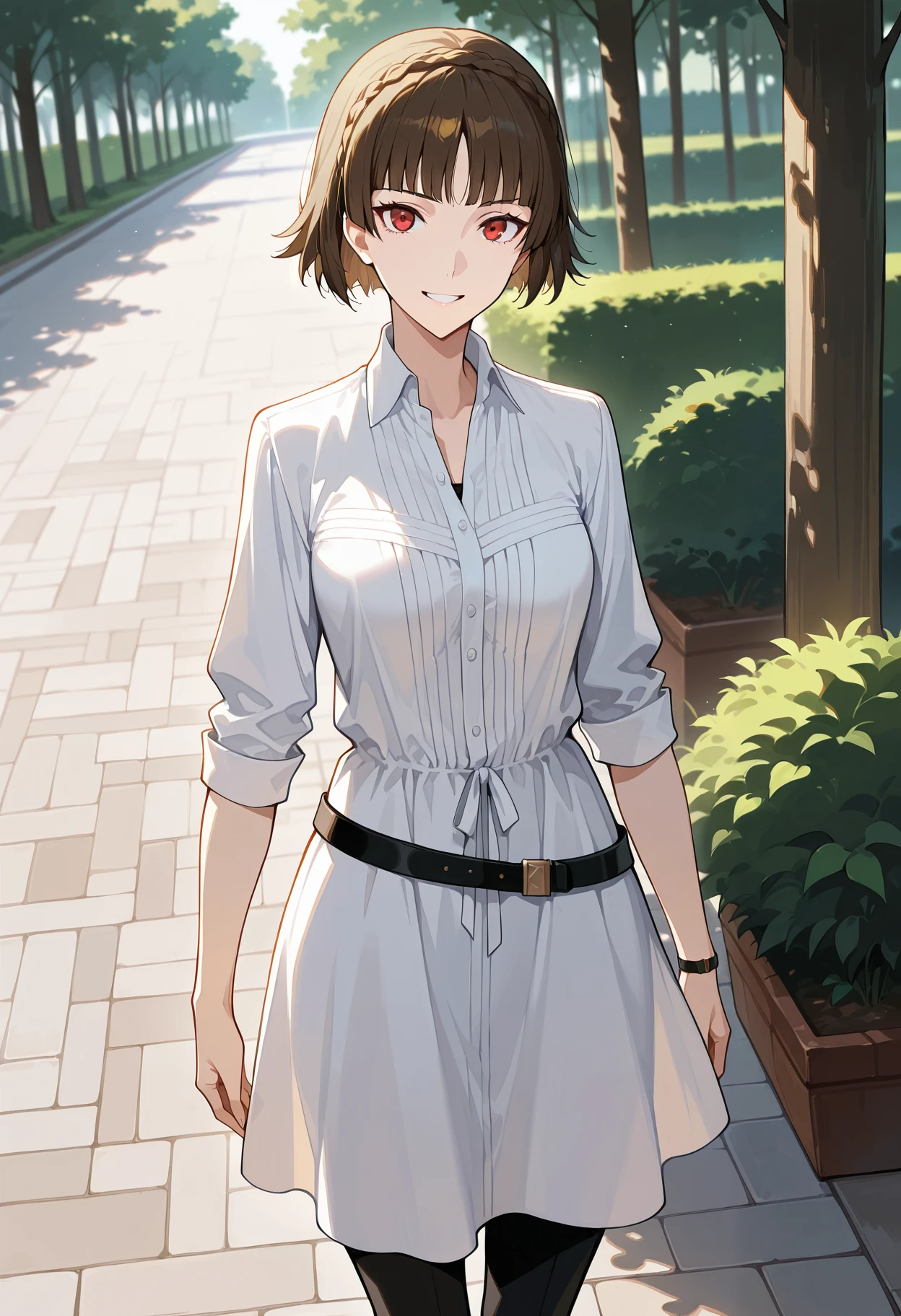 (masterwork, masterpiece, best quality, hyper-detailed :1.2)
1 girl, solo
p5makoto, niijima makoto, brown hair, blunt bangs, crown braid, red eyes,
p5makoto-sumcas, shirtdress, dress, white dress, open collar, black pants, capri pants, black belt, thin belt, loose belt,
outside, park, trees, greenery, standing, smile, teeth, looking at viewer,
