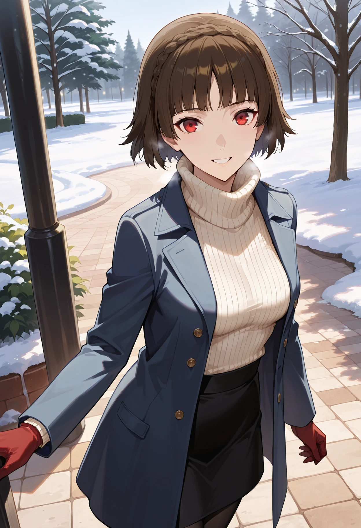 (masterwork, masterpiece, best quality, hyper-detailed :1.2)
1 girl, solo
p5makoto, niijima makoto, brown hair, blunt bangs, crown braid, red eyes,
p5makoto-wintercas2, white ribbed turtleneck, navy blue long coat, blue coat, open coat, black pantyhose, black pencil skirt, brown leather gloves, black chelsea boots
outside, park, trees, greenery, cold, snow, standing, smile, teeth, looking at viewer,
