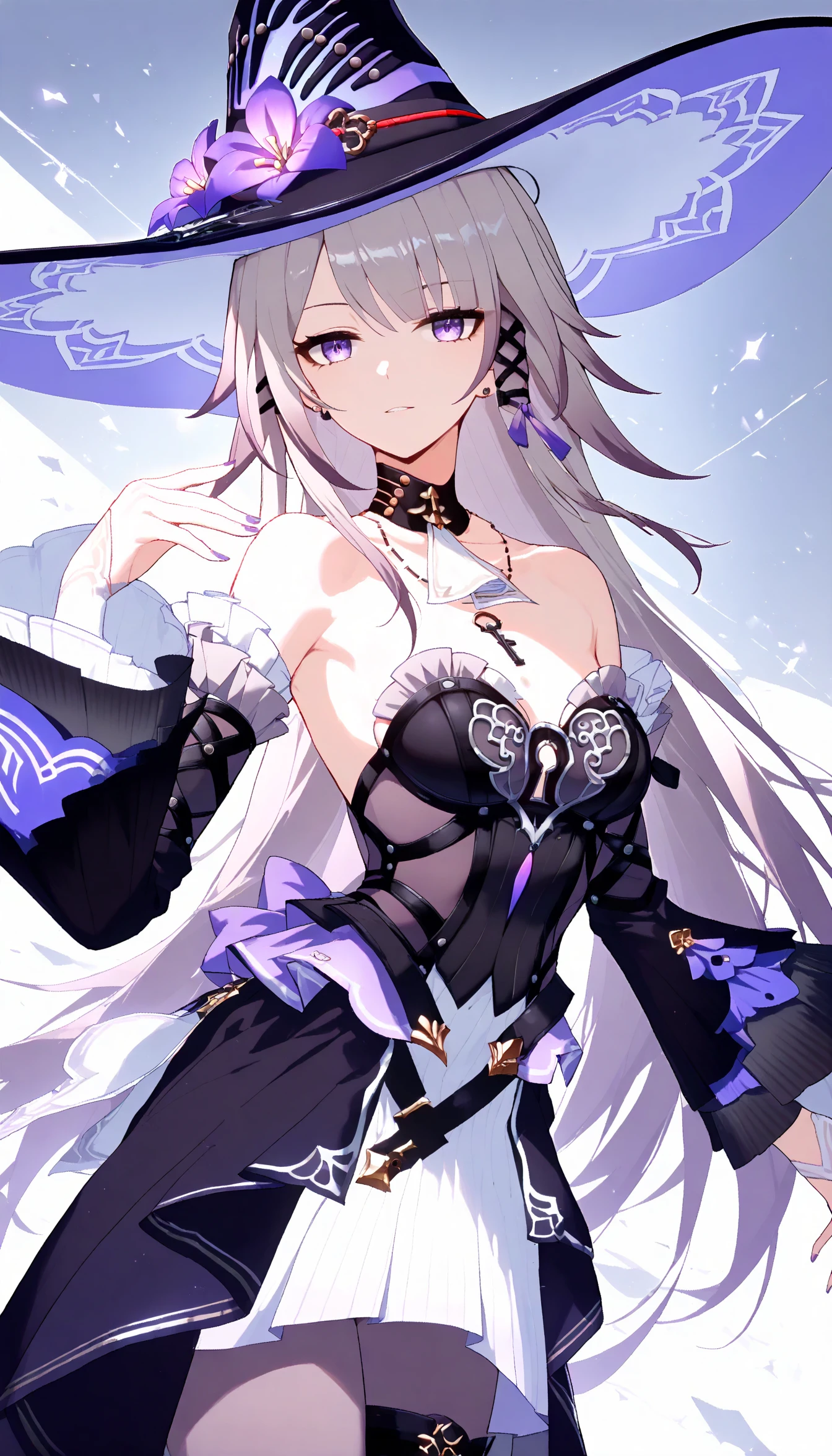 1girl,The Herta,young,solo,hat,long hair, detached sleeves, earrings,(clevage:1.2), medium breasts, (cleavage:0.7),standing, (key necklace:0.8), keyhole on chest,nail polish, pantyhose, looking at viewer, outside,(best quality,8K, masterpiece:1.3), high score, great score, absurdres,