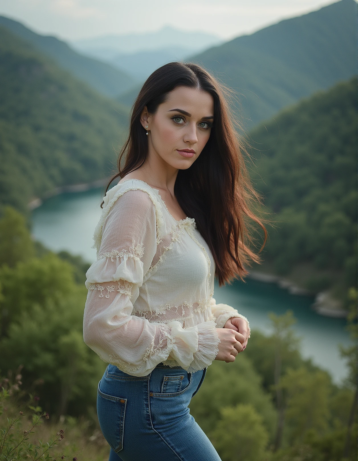 Breathtaking photography of ohwx woman, full body pose, , within the celestial theater of cosmic dramas,Crystal-clear rivers wind through lush green valleys, dressed in a peasant blouse with flared jeans and clogs,upper body shot, hands out of frame, looking at viewer, eyelashes, fine hair detail, entire hairstyle visible, perfect eyes with iris pattern, sensual lips, nose, (perfectly sharp:1.3), realistic textures, (deep focus:1.5), 8k uhd, dslr, ultra high quality image, film grain, Fujifilm XT3