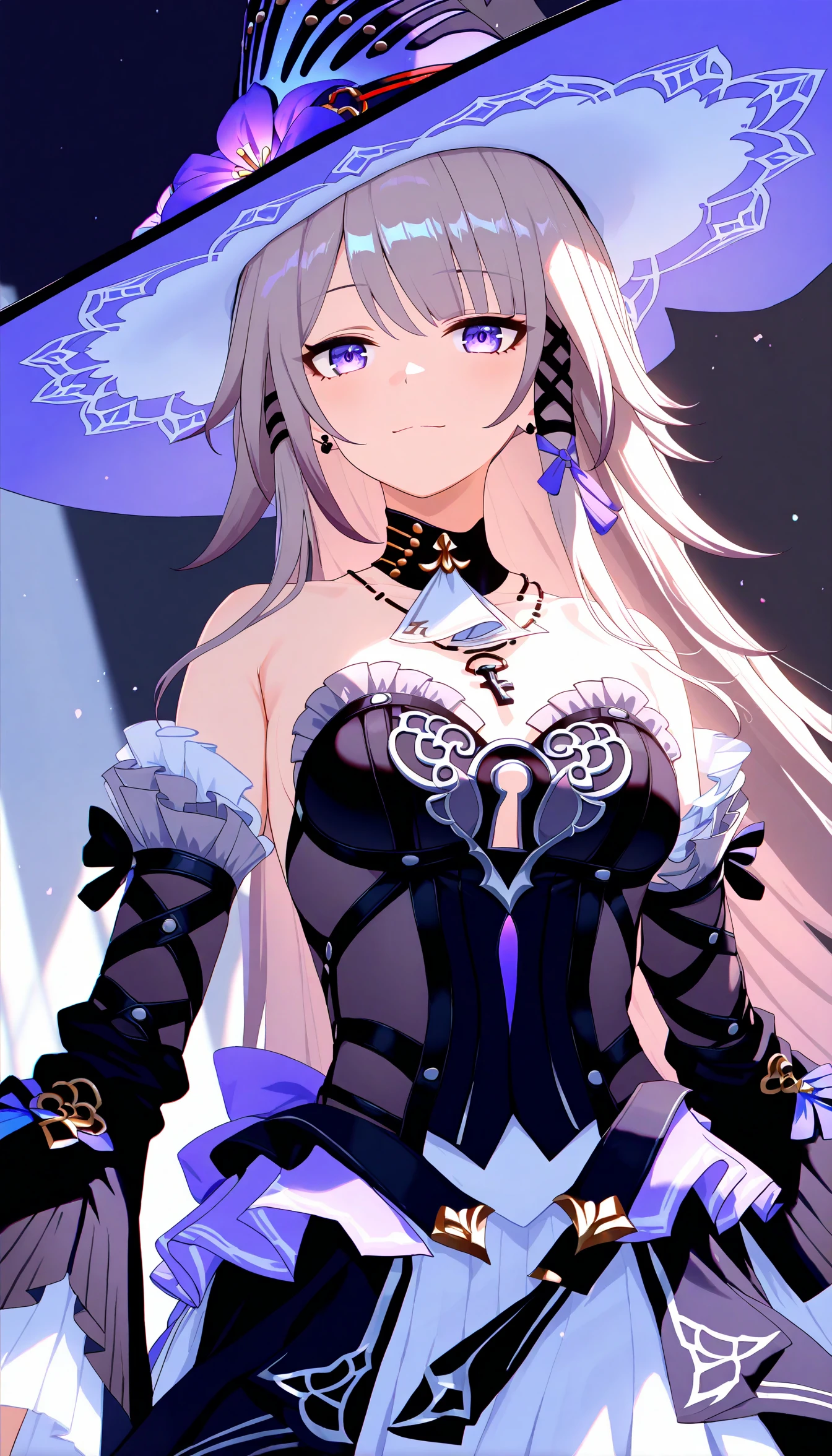 1girl,The Herta,young,solo,hat,long hair, detached sleeves, earrings,(clevage:1.2), medium breasts, (cleavage:0.7),standing, (key necklace:0.8), keyhole on chest,nail polish, looking at viewer, outside,close view,depth of field,high contrast,colorful,detailed light,light leaks,beautiful detailed glow,best shadow,cinematic lighting,ray tracing, best quality,masterpiece, high score, great score, absurdres,
