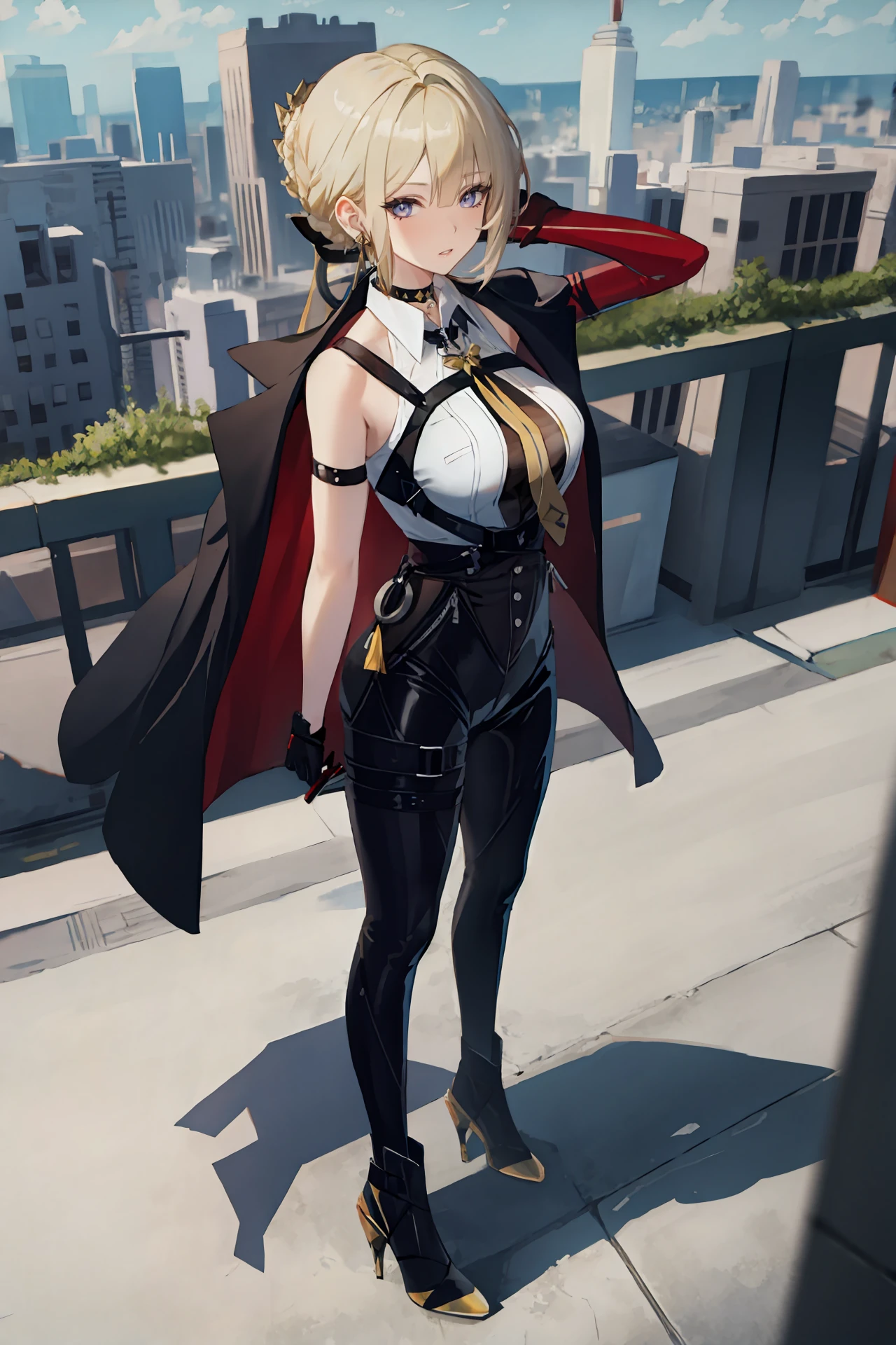 (best quality, masterpiece:1.2), 1girl, solo, evelyn chevalier, braided bun, hair up, black hair ribbon, earpiece, thigh holster, high-waist tight pants, black gloves, collared sleeveless shirt, chest harness, arm strap, single gauntlet, yellow necktie, pendant choker, looking at viewer, parted lips, rooftop, cityscape, skyline, outdoors, depth of field, standing, waving, full body, high heel boots, black coat, coat on shoulders,
