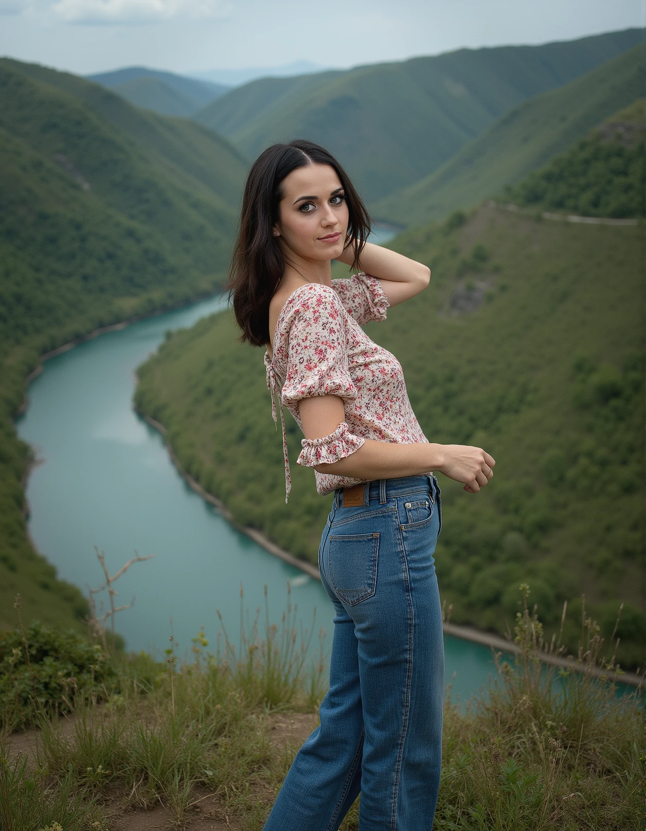 Breathtaking photography of ohwx woman, full body pose, , within the celestial theater of cosmic dramas,Crystal-clear rivers wind through lush green valleys, dressed in a peasant blouse with flared jeans and clogs,upper body shot, hands out of frame, looking at viewer, eyelashes, fine hair detail, entire hairstyle visible, perfect eyes with iris pattern, sensual lips, nose, (perfectly sharp:1.3), realistic textures, (deep focus:1.5), 8k uhd, dslr, ultra high quality image, film grain, Fujifilm XT3