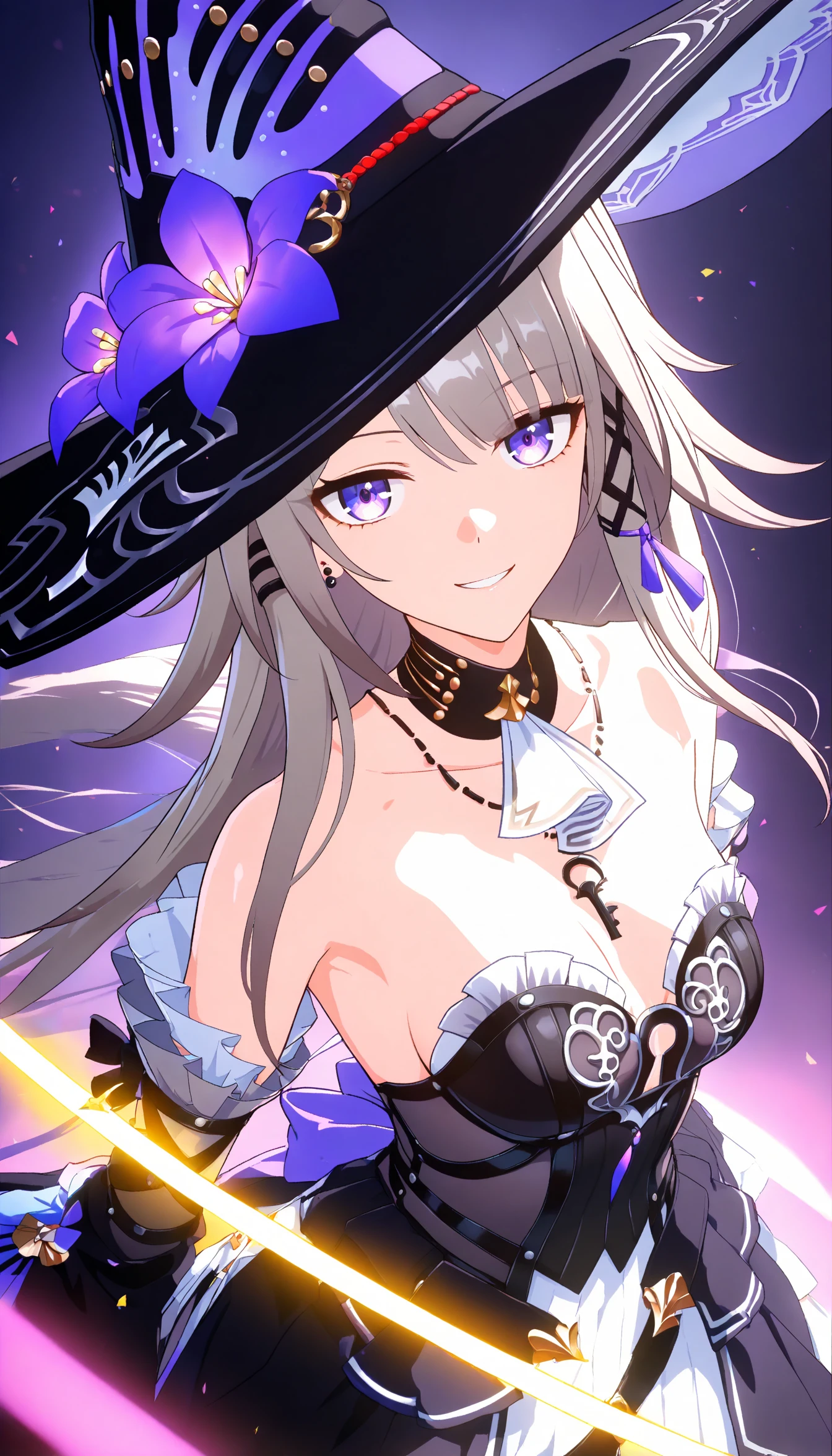 best quality,8K, masterpiece,anime,The Herta, 1girl, young, , solo,hat,long hair, detached sleeves, earrings,(clevage:1.2), medium breasts, (cleavage:0.7),standing, (key necklace:0.6), keyhole on chest,nail polish, looking at viewer, smile, outside, upper body, dynamic angle,depth of field,high contrast,colorful,detailed light,light leaks,beautiful detailed glow,best shadow,shiny skin,cinematic lighting,ray tracing,