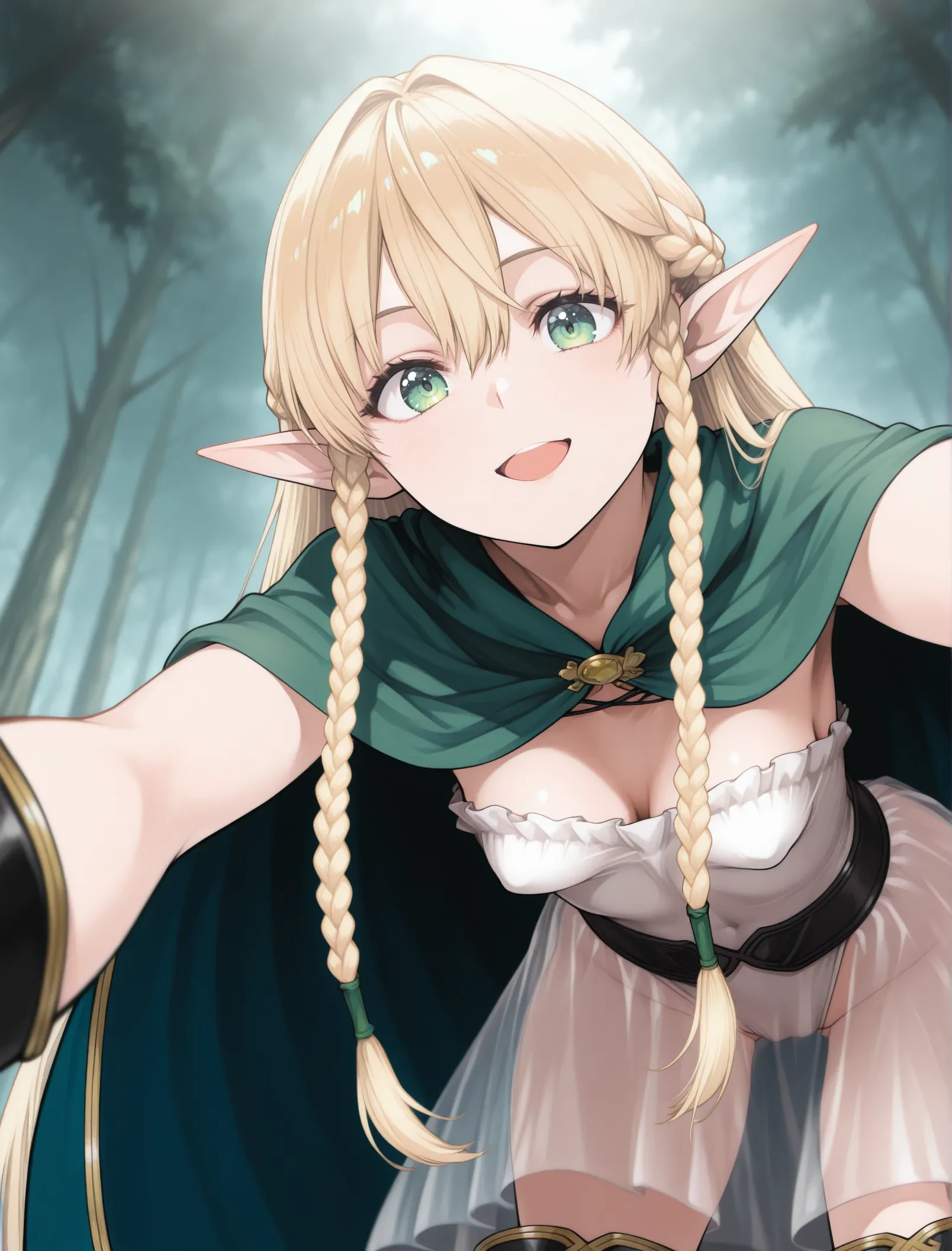 masterpiece, best quality, high resolution, absurdres,1girl,solo,newest,kubo tite \(style\),explicit,anime coloring,flat color,<lora:CleanAnime - [Enchanter] - illustriousXL v3.1:0.8>,
looking at viewer, from below,
<lora:eltolinde_uc_ill_V01_2:1>,
eltolindeill,elf,green eyes,pointy ears,blonde hair,very long hair,braid,twin braids,hair between eyes,
green cape,blue cloak,see-through dress,white dress,leotard,belt,vambraces,greaves,miniskirt,
smile,open mouth,
leaning forward, reaching,
small breasts,cleavage,
<lora:Torpedo breasts IXL 2:0.5>,pointy breasts,
black outline,
forest, depth of field,