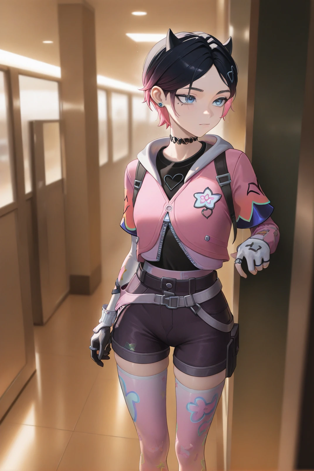 masterpiece, best quality, amazing quality, very aesthetic, absurdres, newest, , 1girl, <lora:clove_valorant_IL_v4:0.65> clove \(valorant\), short hair, small horns, black hair, pink hair, gradient hair, black shirt, blue eyes,
shorts, print legwear, pink jacket, very short hair, legwear under shorts, pink vest, jacket, choker,
indoors,