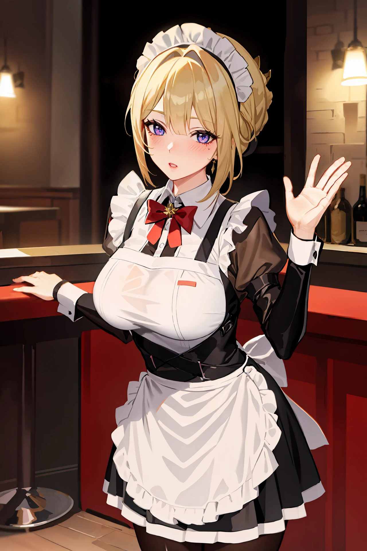 (best quality, masterpiece:1.2), 1girl, solo, evelyn chevalier, braided bun, hair up, white shirt, black dress, underbust, red bowtie, maid headdress, maid apron, parted lips, pantyhose, open mouth, blush, parted lips, glaring, looking at viewer, cowboy shot, bar \(place\), indoors, depth of field