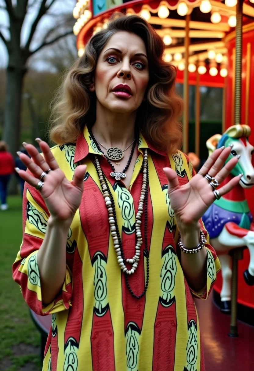 (Gates McFadden, young circa 1992, nude, extensive flower body paint(only head and hands unpainted, SFW)) doing an interpretive themed dance around a spring morning center stage, spotlight on her, crowd in stadium slightly shadowed