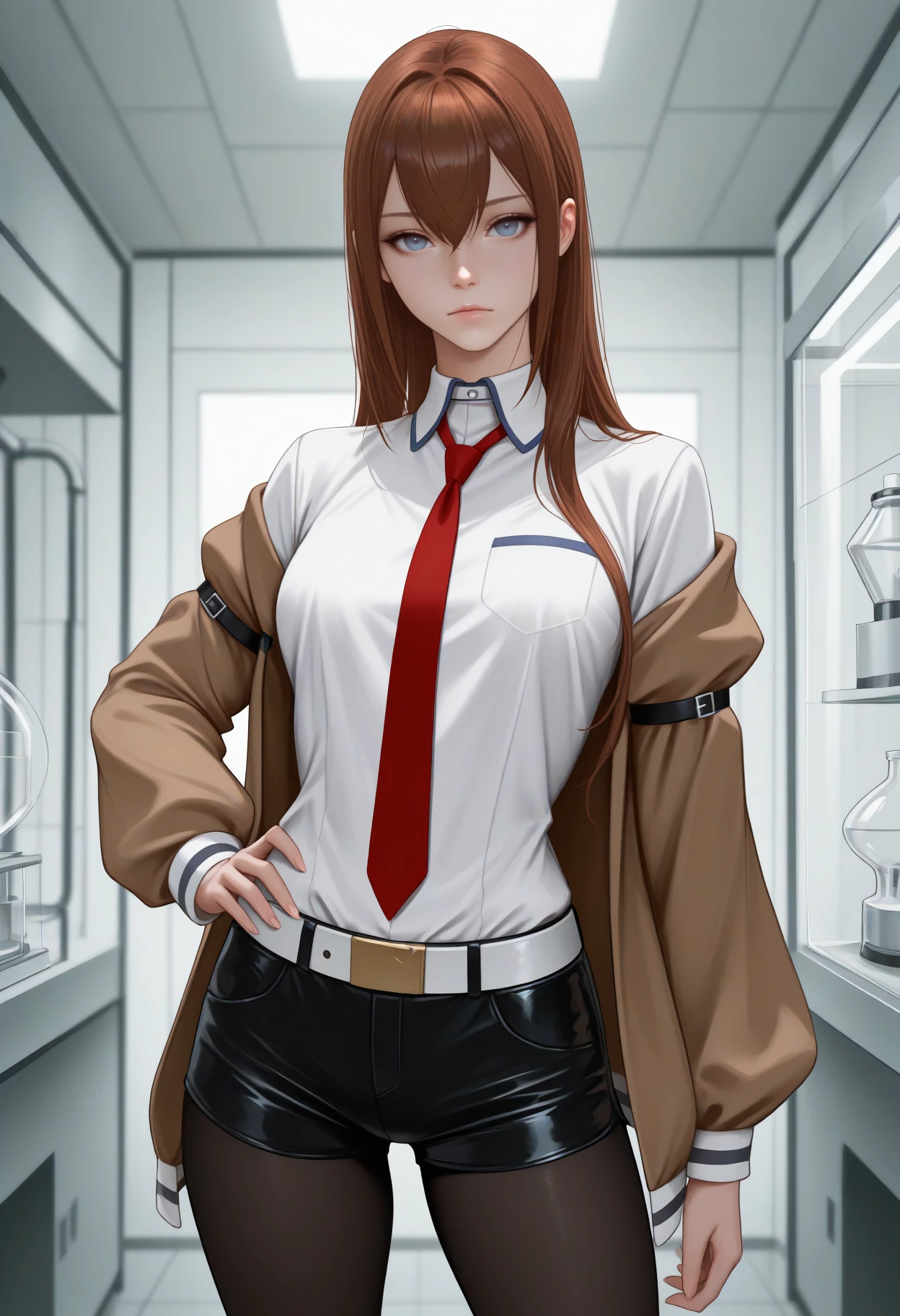 masterpiece, best quality, newest, realistic, solo, 1girl, mak1se, expressionless, looking at viewer, standing, arm at side, hand on own hip, long hair, brown hair, hair between eyes, straight hair, blue eyes, brown jacket, open jacket, off shoulder, long sleeves, white shirt, collared shirt, red necktie, black shorts, short shorts, white belt, black pantyhose, pantyhose under shorts, indoors, laboratory
<segment:yolo-Anzhc Face seg 640 v2 y8n.pt,0.4,0.5//cid=1>