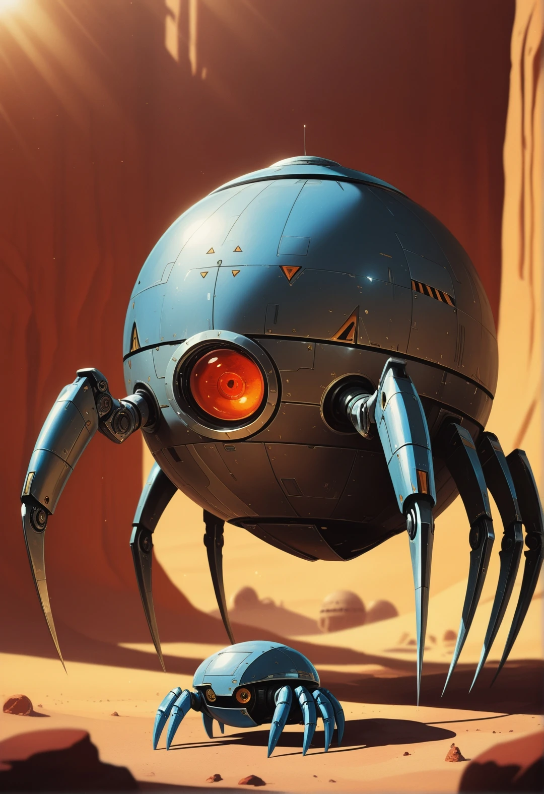 masterpiece, best quality, good quality, very aesthetic, absurdres, newest, 8K, depth of field, focused subject, no humans, a giant hermit crab in the form of a robot, creeping through the desert, loaded on top of the body with all sorts of huge nomad belongings, many claws and fat legs, various shields and patches on the armored body of the robot, a very ornate and unusual design, amazing shapes, interesting art, incredible setting and technology, fantasy, Ankama_Animation, sunlight, bright, sci-fi, illustration, retro,
<lora:ck-70s-scifi-IL:1>