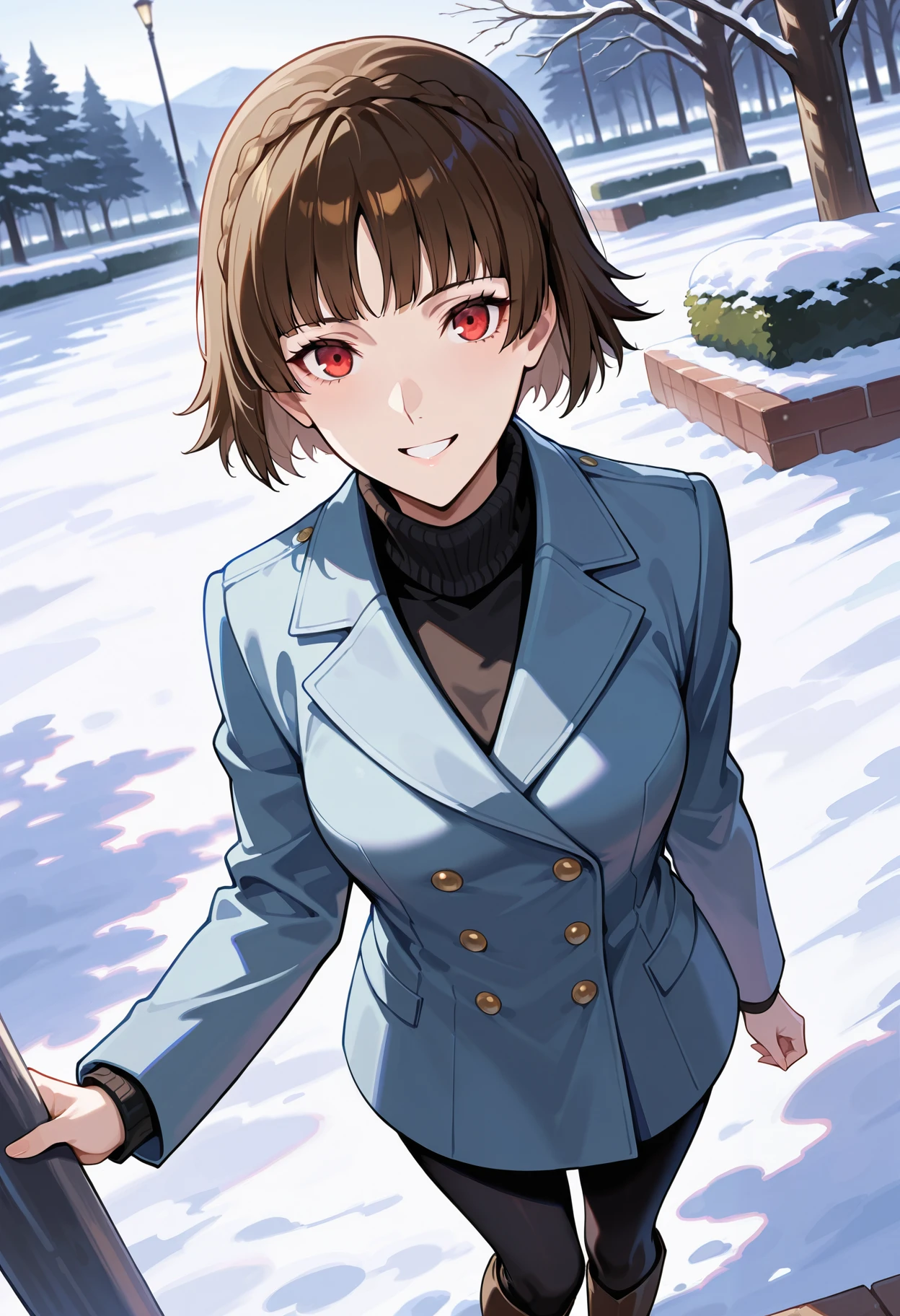 (masterwork, masterpiece, best quality, hyper-detailed :1.2)
1 girl, solo
p5makoto, niijima makoto, brown hair, blunt bangs, crown braid, red eyes,
p5makoto-wintercas, black turtleneck, blue jacket, double-breasted jacket, gold buttons, black pants, pantyhose, knee boots, brown boots,
outside, park, trees, greenery, cold, snow, standing, smile, teeth, looking at viewer,