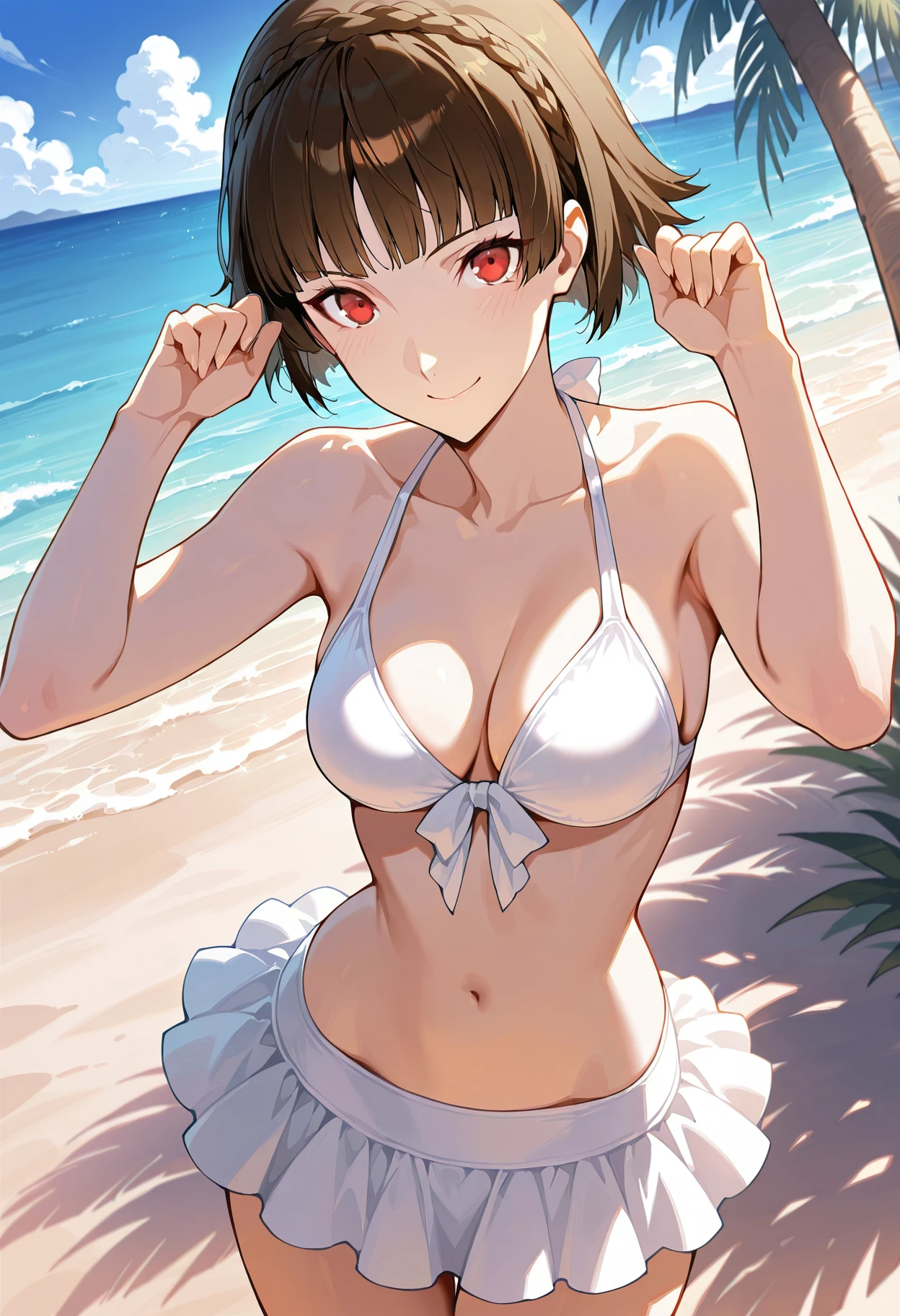 persona 5 art style、Persona 5 Style、Kasumi Yoshizawa、Yoko Asagiri、Full body like、high-level image quality、short-cut、small tits 、Smooth thighs、Patsun、top-quality、The ultra -The high-definition、Fine eyes、Slender legs、Fine and beautiful eyes、a white bikini、stick out buttocks、A dark-haired、