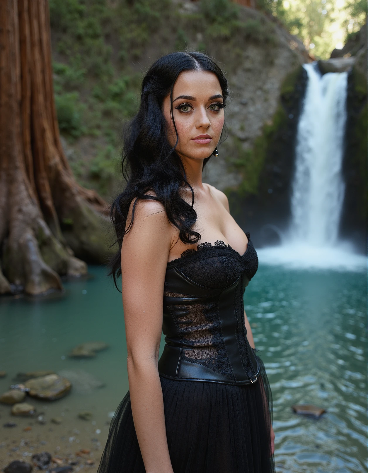 Breathtaking photography of ohwx woman, full body pose, , Giant sequoia tree,A cascading waterfall plunges into a crystal-clear pool below, dressed in a mesh top with a corset and a pleated skirt with lace detailing,upper body shot, hands out of frame, looking at viewer, eyelashes, fine hair detail, entire hairstyle visible, perfect eyes with iris pattern, sensual lips, nose, (perfectly sharp:1.3), realistic textures, (deep focus:1.5), 8k uhd, dslr, ultra high quality image, film grain, Fujifilm XT3