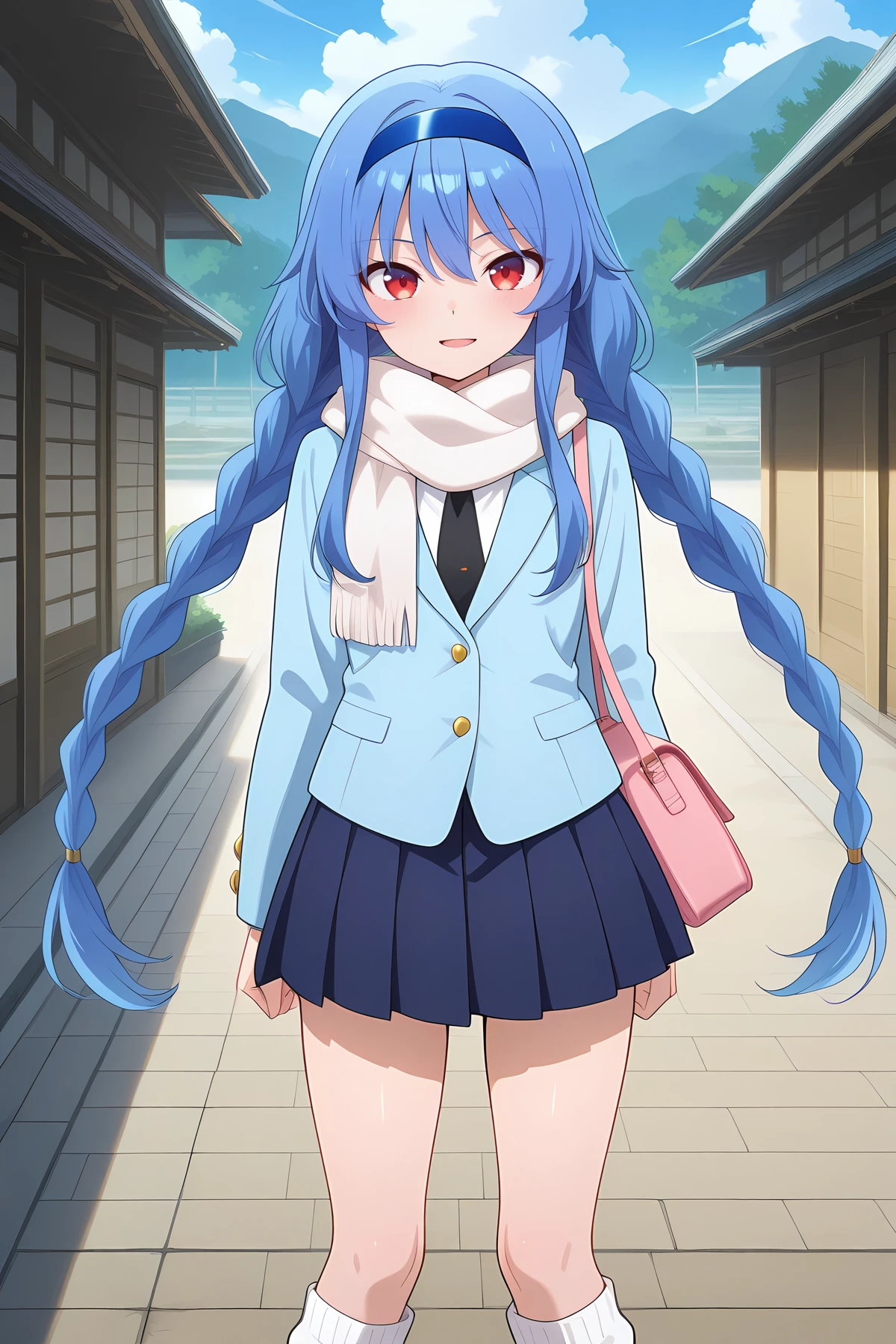 absurdres, highres, masterpiece, best quality, amazing quality, official anime artwork, screencap, anime screencap, outdoors, looking at viewer, light smile, dynamic pose,
<lora:Tenshi-Hinanawi_Illustrious:1> hinanawi tenshi, 1girl, solo, red eyes, blue hair, long hair,, hinanawi tenshi \(winter temperament isn't so bad\), alternate costume, alternate hairstyle, braid, twin braids, low twin braids, very long hair, blue hairband, light blue jacket, long sleeves, pink handbag, leg warmers, black necktie, open mouth, pleated blue skirt, white shirt, white scarf,