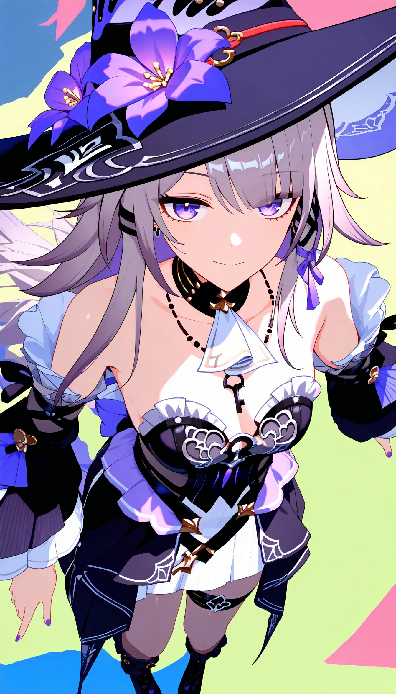 1girl,The Herta,young,solo,hat,long hair, detached sleeves, earrings,(clevage:1.2), medium breasts, (cleavage:0.7),standing, (key necklace:0.8), keyhole on chest,nail polish, legstrap, looking at viewer, outside,close view,depth of field,high contrast,colorful,best shadow,ray tracing, best quality,masterpiece, high score, great score, absurdres,