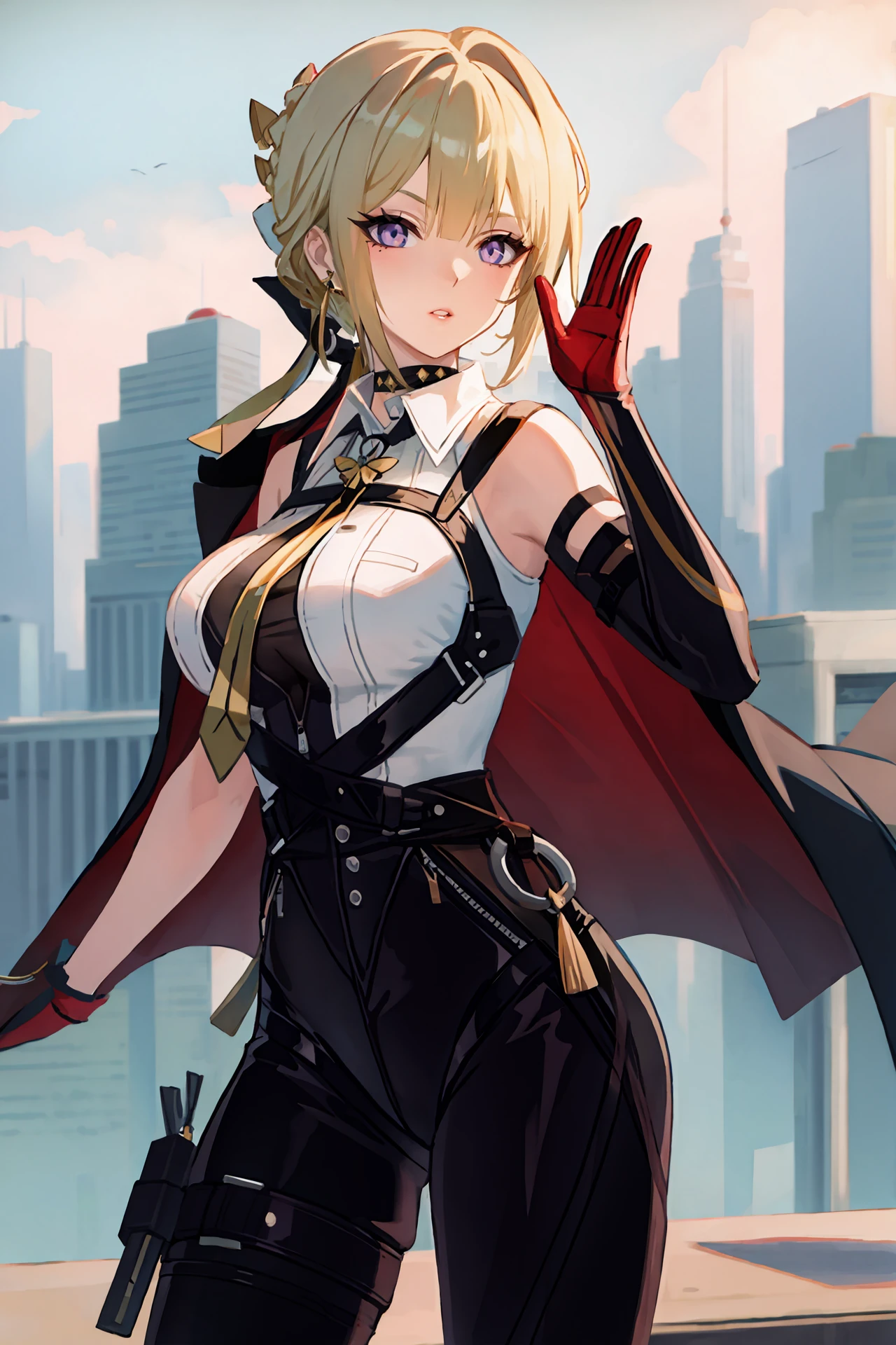 (best quality, masterpiece:1.2), 1girl, solo, evelyn chevalier, braided bun, hair up, black hair ribbon, earpiece, thigh holster, high-waist tight pants, black gloves, collared sleeveless shirt, chest harness, arm strap, single gauntlet, yellow necktie, pendant choker, looking at viewer, parted lips, rooftop, cityscape, skyline, outdoors, depth of field, leg, waving, cowboy shot, black coat, coat on shoulders,
