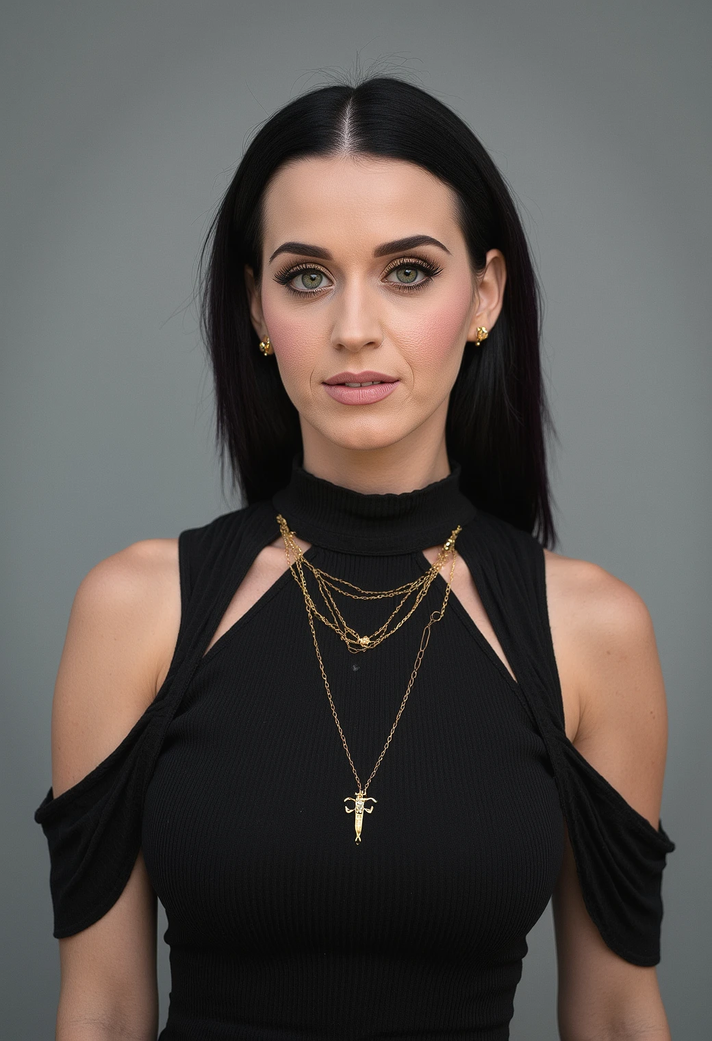 Breathtaking photography of ohwx woman with ultra narrow waist. A portrait of a woman with a poised and confident demeanor. She wears a black, form-fitting dress with a high neckline and a cut-out shoulder design. The dress has a ribbed texture and is fitted at the waist. She accessorizes with a gold necklace featuring a cross pendant and multiple gold earrings. Her long, dark hair is styled in a sleek, straight cut, and she has a subtle makeup look with bold green eyeshadow. The background is a muted gray, contrasting with the subject's dark attire and highlighting her features. The image style is contemporary, emphasizing fashion and elegance., emphasizing the woman's form and the natural beauty of the beach. A candid photo shot of a young woman. (perfectly sharp:1.3), realistic textures, (deep focus:1.5), 8k uhd, dslr, ultra high quality image, film grain, Fujifilm XT3