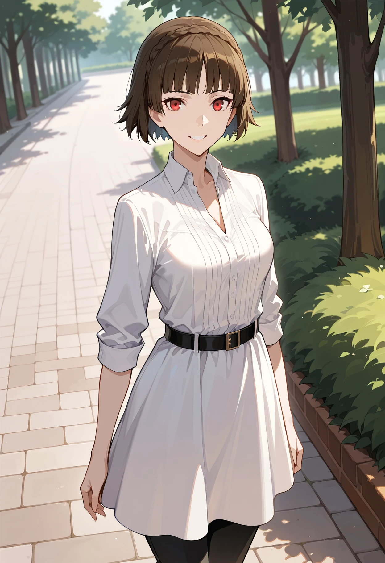 (masterwork, masterpiece, best quality, hyper-detailed :1.2)
1 girl, solo
p5makoto, niijima makoto, brown hair, blunt bangs, crown braid, red eyes,
p5makoto-sumcas, shirtdress, dress, white dress, open collar, black pants, capri pants, black belt, thin belt, loose belt,
outside, park, trees, greenery, standing, smile, teeth, looking at viewer,