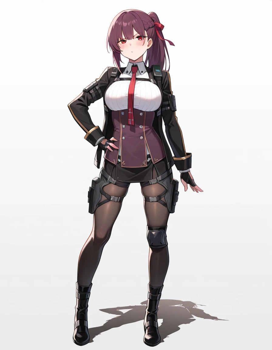 Volumetric Lighting, (masterpiece), (best quality), (ultra-detailed), masterpiece, source_anime, score_9, score_8_up, score_7_up BREAK, illustration, disheveled hair, detailed eyes, perfect composition, moist skin, intricate details BREAK, light depth, detailed face, detailed fingers, BREAK, Makiatto, red eyes, long hair, purple hair, sidelock, ponytail, half up braid, large breast BREAK, Makiattodef, def_shirt, def_corset, def_chest_strap, def_knee_pad, def_gloves, def_hair_ribbon, def_necktie, def_pantyhose, def_miniskirt, def_boots, def_holsters, open jacket, def_jacket BREAK, ((white background)), looking at viewer, standing, shadow, hand on hip, blush