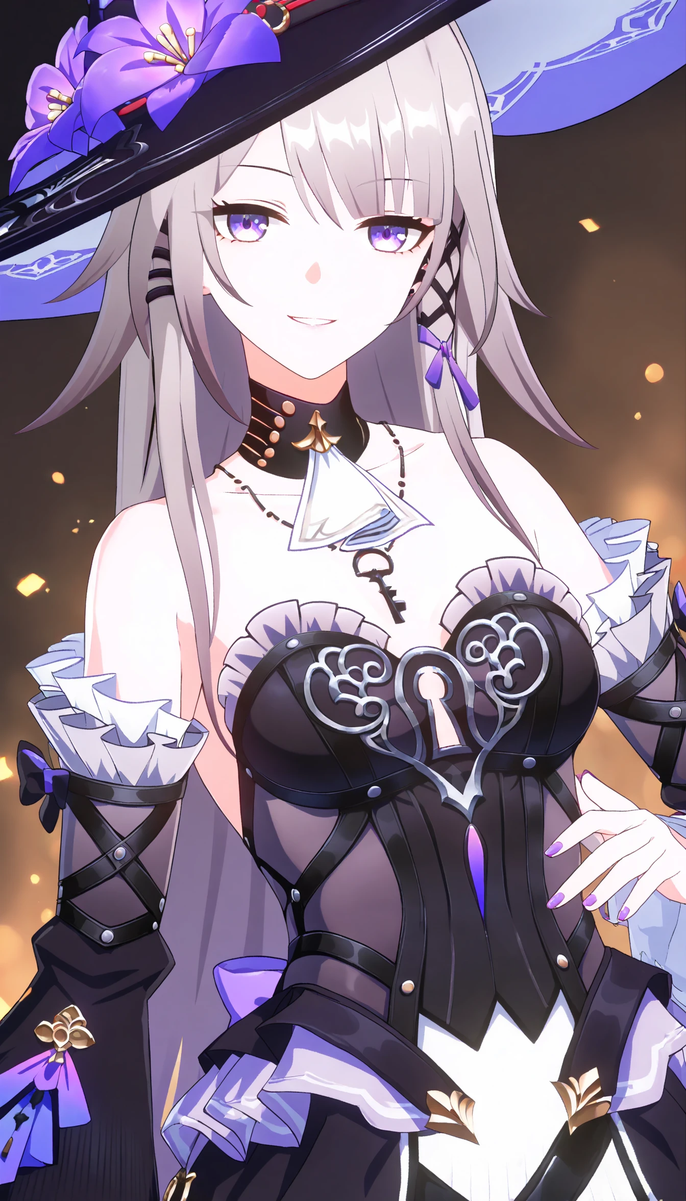 best quality,8K, masterpiece,anime,The Herta, 1girl, young, , solo,hat,long hair, detached sleeves, earrings,(clevage:1.2), medium breasts, (cleavage:0.7),standing, (key necklace:0.6), keyhole on chest,nail polish, looking at viewer, smile, outside, upper body,