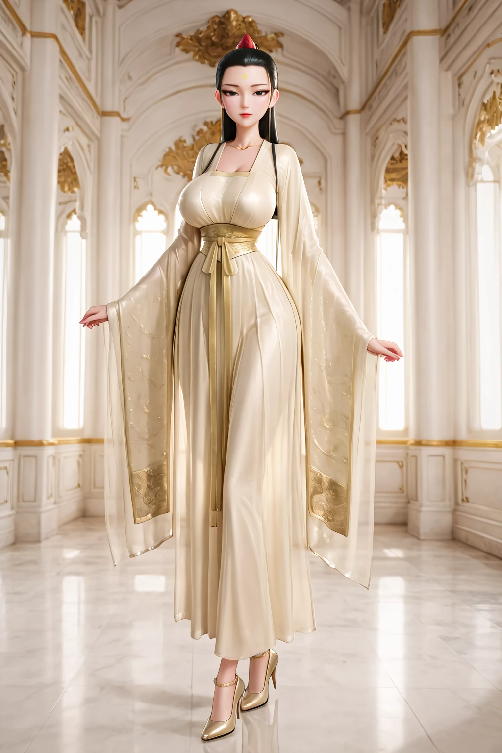 front view,palace,white palace,indoors,white background,purely white background,
1girl,mature female,milf,huge breasts,narrow waist,wide hips,looking at viewer,full body,standing,high heels,
Best quality,masterpiece,soft light,official art,high quality,highres,absurdres,epic scene,natural textures,<lora:He Tong IL:1>,he tong,yellow forehead mark,black hair,hair pulled back,topknot,red topknot,black eyes,white chinese clothes,hanfu,long legs,