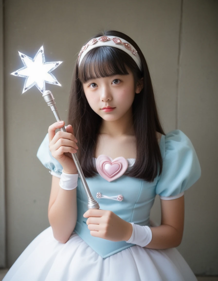 score_9, score_8_up, high quality, masterpiece,
[:natural skin, detailed skin, (skindentation:0.3):0.5], natural skin, skin pore,  pale skin,
front view, Composition from the chest up, Perfect human body,
BREAK
Portrait of a woman with long hair, headband,
She is wearing Like an anime magical girl costume, (Holds a silver magic wand:1.2),
natural lighting, shabby chic antique furniture,<lora:HardMilk11:1>