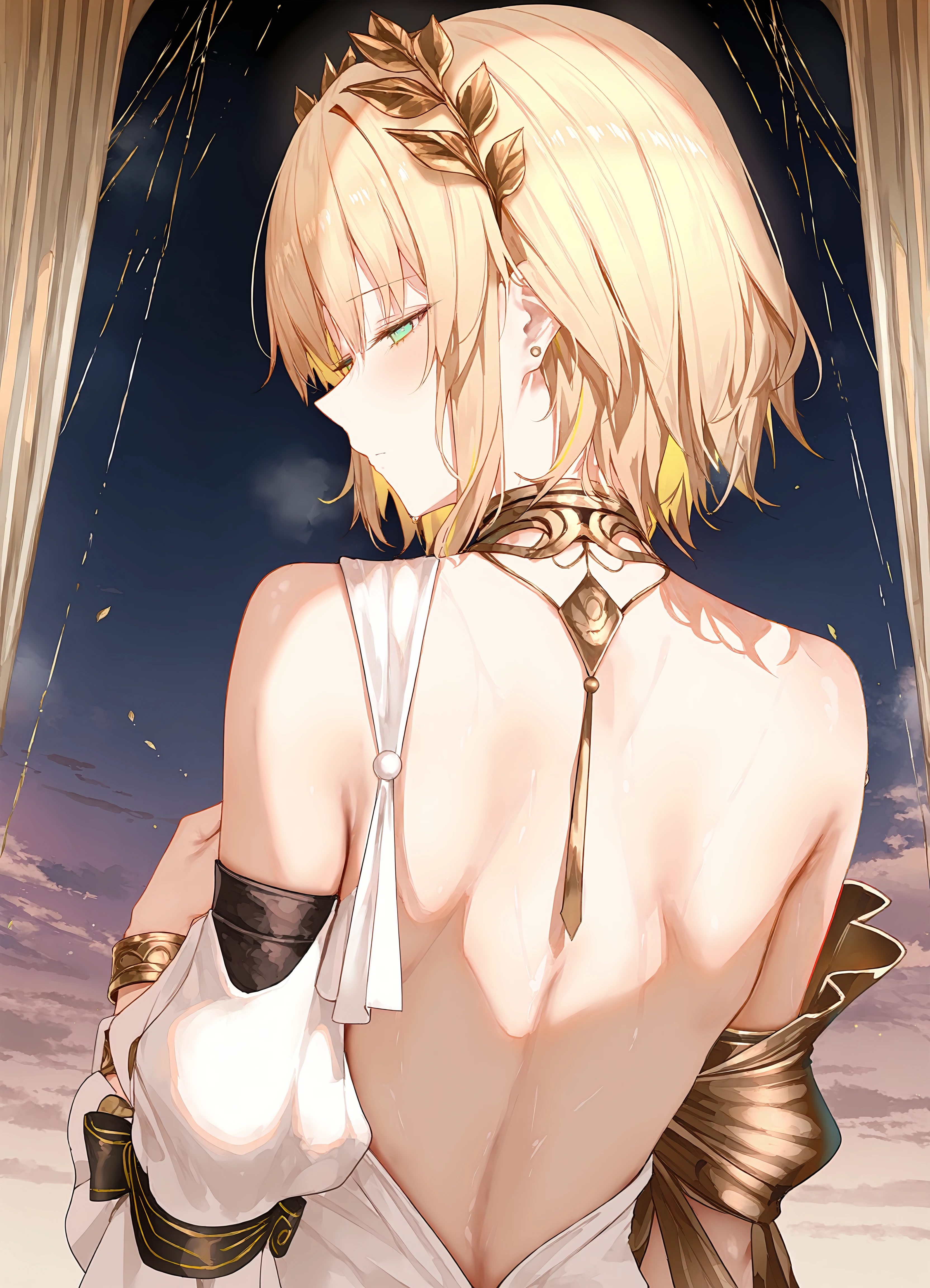 (masterpiece,best quality), ru zhai, hiten \(hitenkei\), binggong asylum, onineko, reoen, 1girl, aglaea, laurel crown, detached sleeves, bracelet, from behind, closed mouth, half-closed eyes, <lora:aglaea-hsrIL-v1:1>