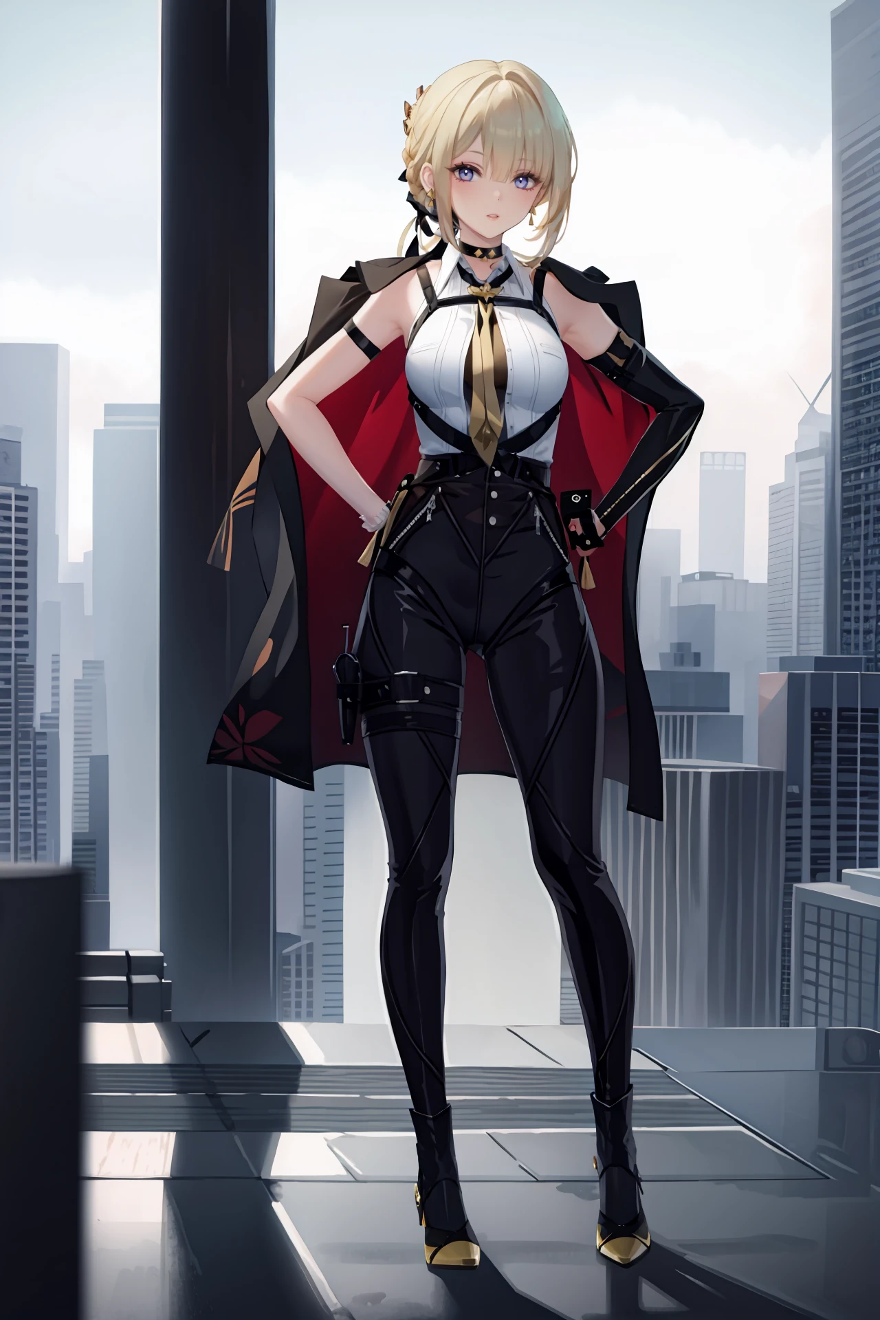 (best quality, masterpiece:1.2), 1girl, solo, evelyn chevalier, braided bun, hair up, black hair ribbon, earpiece, thigh holster, high-waist tight pants, black gloves, collared sleeveless shirt, chest harness, arm strap, single gauntlet, yellow necktie, pendant choker, high heel boots, full body, standing, parted lips, looking at viewer, hand on hip, outdoors, rooftop, cityscape, skyline, black coat, coat on shoulders,