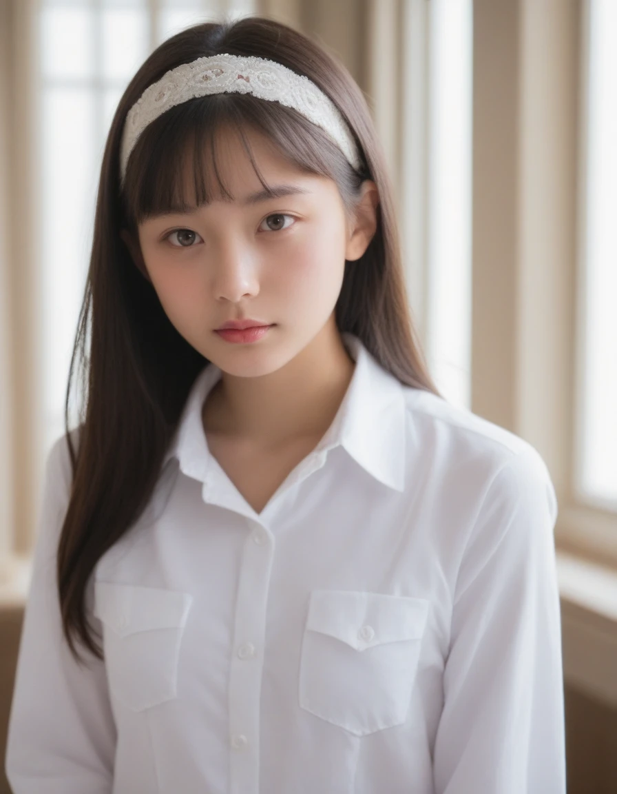 score_9, score_8_up, high quality, masterpiece,
[:natural skin, detailed skin, (skindentation:0.3):0.5], natural skin, skin pore,  pale skin,
front view, Composition from the chest up, Perfect human body,
BREAK
Portrait of a woman with long hair, headband,
White collared blouse, natural lighting,  Illuminated hotel room,
shabby chic antique furniture,<lora:HardMilk11:0.7>