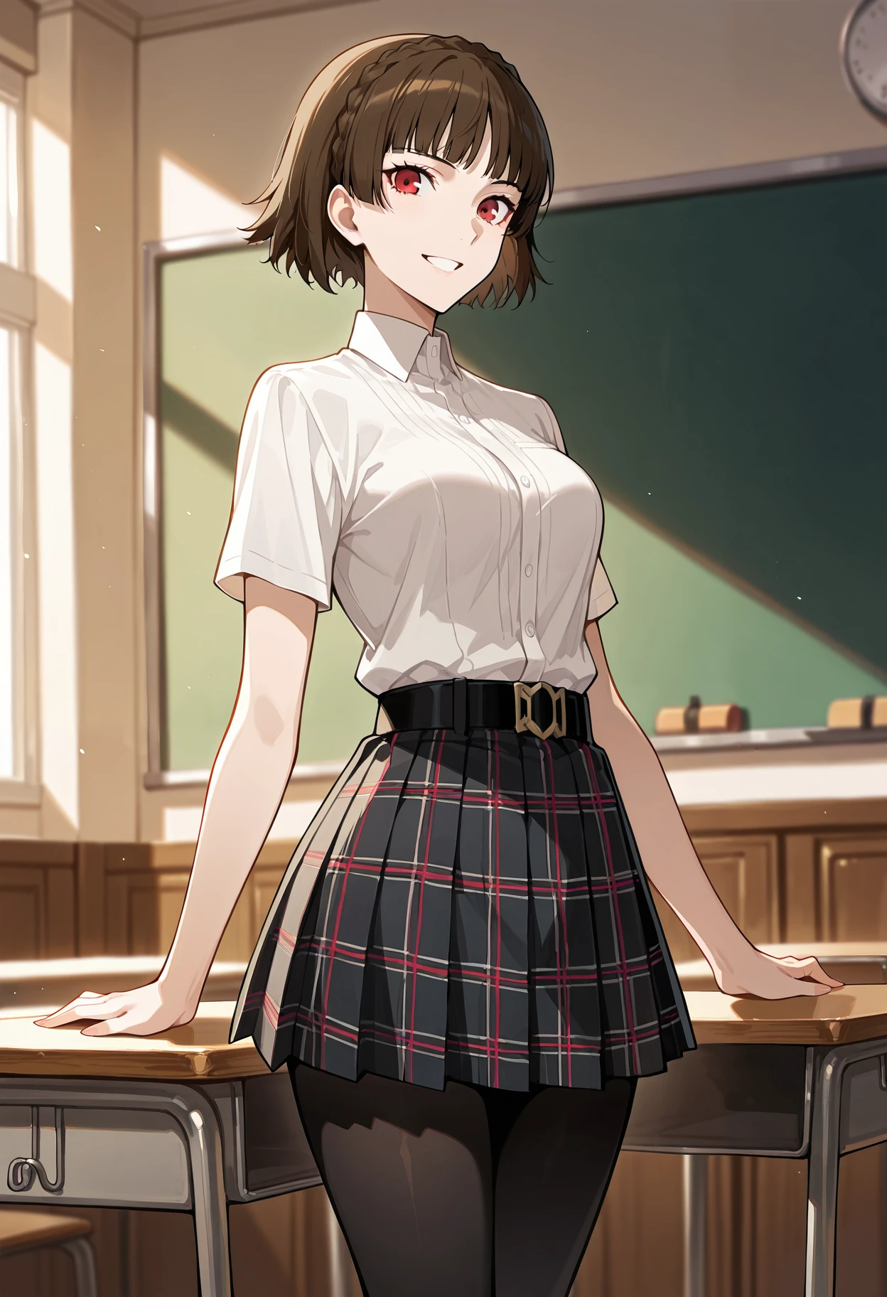 (masterwork, masterpiece, best quality, hyper-detailed :1.2)
1 girl, solo
p5makoto, niijima makoto, brown hair, blunt bangs, crown braid, red eyes,
p5makoto-sumuni, white short sleeve dress shirt, black belt, belt buckle, plaid pleated skirt, leggings, black pantyhose,
classroom, standing, smile, teeth, looking at viewer,