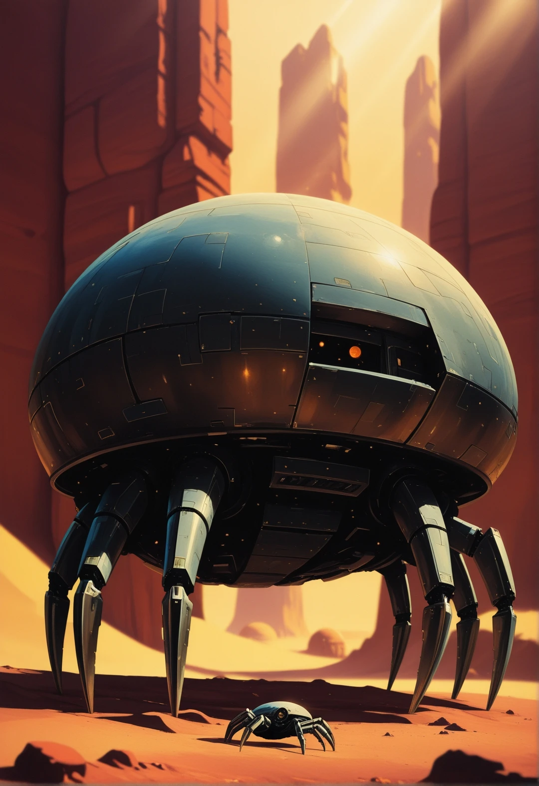 masterpiece, best quality, good quality, very aesthetic, absurdres, newest, 8K, depth of field, focused subject, no humans, a giant hermit crab in the form of a robot, creeping through the desert, loaded on top of the body with all sorts of huge nomad belongings, many claws and fat legs, various shields and patches on the armored body of the robot, a very ornate and unusual design, amazing shapes, interesting art, incredible setting and technology, fantasy, Ankama_Animation, sunlight, bright, sci-fi, illustration, retro,
<lora:ck-70s-scifi-IL:1>