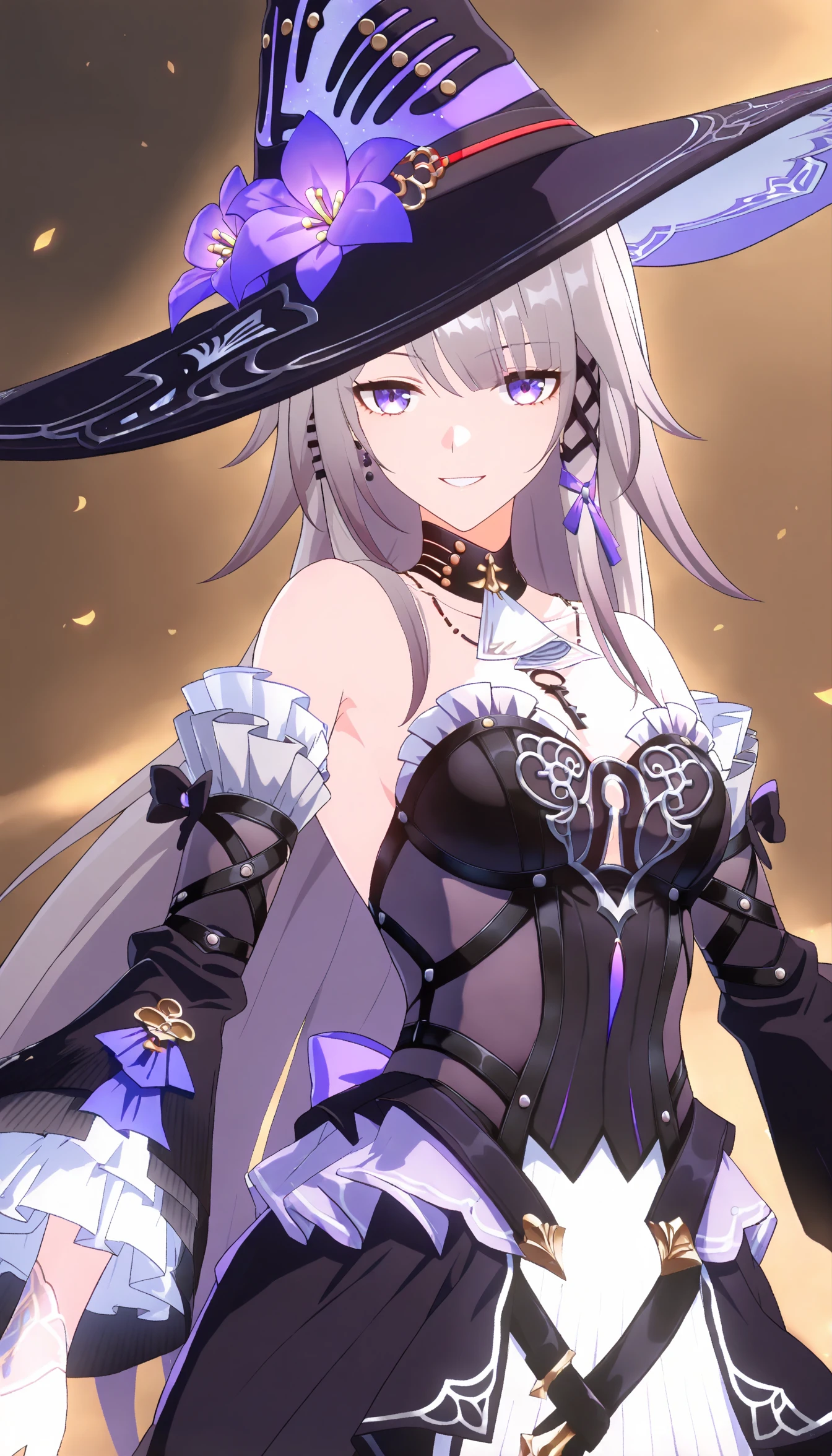 best quality,8K, masterpiece,anime,The Herta, 1girl, young, , solo,hat,long hair, detached sleeves, earrings,(clevage:1.2), medium breasts, (cleavage:0.7),standing, (key necklace:0.6), keyhole on chest,nail polish, looking at viewer, smile, outside, upper body,