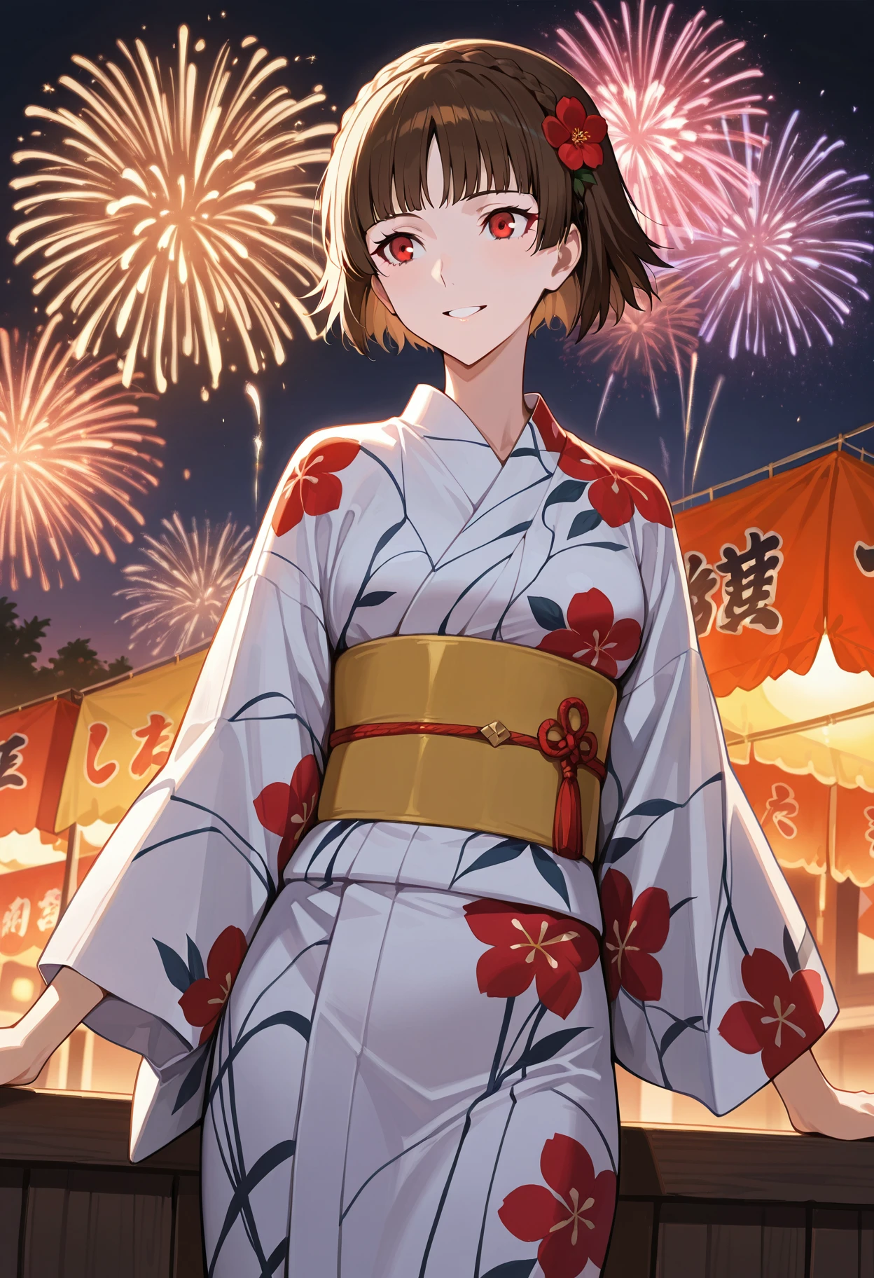 (masterwork, masterpiece, best quality, hyper-detailed :1.2)
1 girl, solo
p5makoto, niijima makoto, brown hair, blunt bangs, crown braid, red eyes,
p5makoto-yukata, japanese clothes, yukata, white yukata, floral print, red flowers, sash, obi, yellow obi,
outside, nighttime, fireworks, festival, happy, smile,