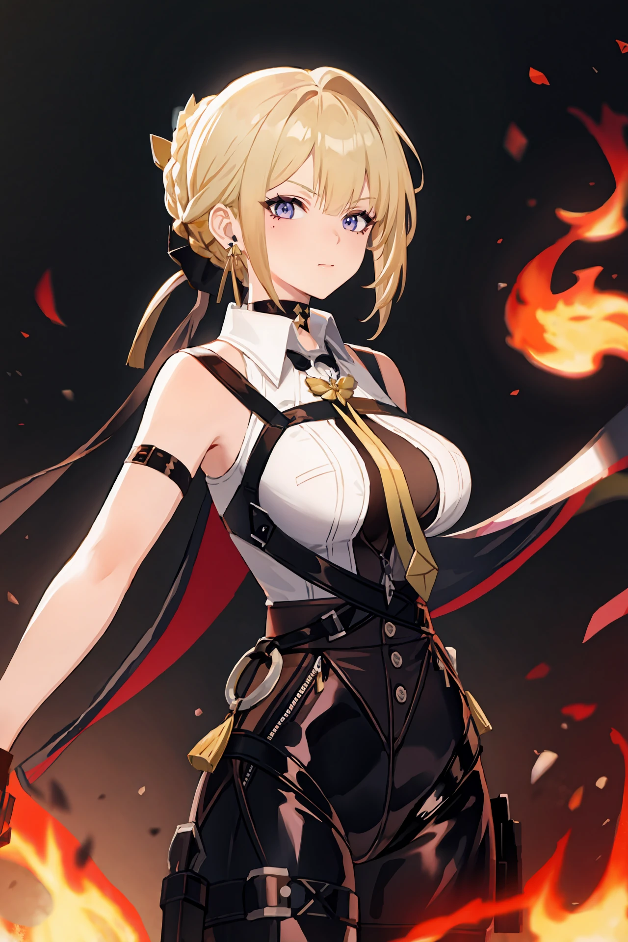 (best quality, masterpiece:1.2), 1girl, solo, evelyn chevalier, braided bun, hair up, black hair ribbon, earpiece, thigh holster, arm strap, single gauntlet, black gloves, high-waist tight pants, collared sleeveless shirt, chest harness, yellow necktie, pendant choker, depth of field, cowboy shot, string, thread, fire, combat pose, incoming attack, glaring, looking at viewer