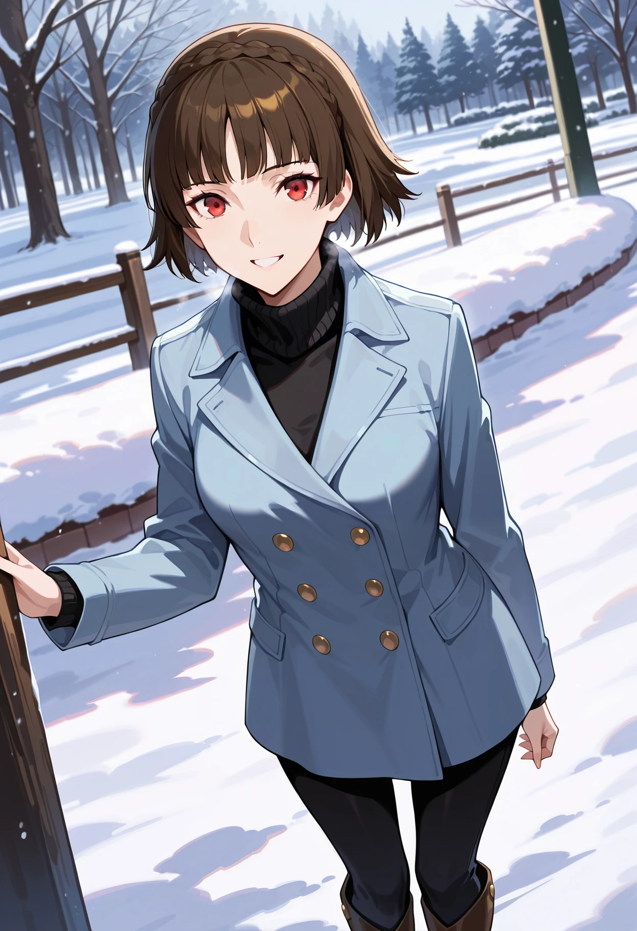 (masterwork, masterpiece, best quality, hyper-detailed :1.2)
1 girl, solo
p5makoto, niijima makoto, brown hair, blunt bangs, crown braid, red eyes,
p5makoto-wintercas, black turtleneck, blue jacket, double-breasted jacket, gold buttons, black pants, pantyhose, knee boots, brown boots,
outside, park, trees, greenery, cold, snow, standing, smile, teeth, looking at viewer,