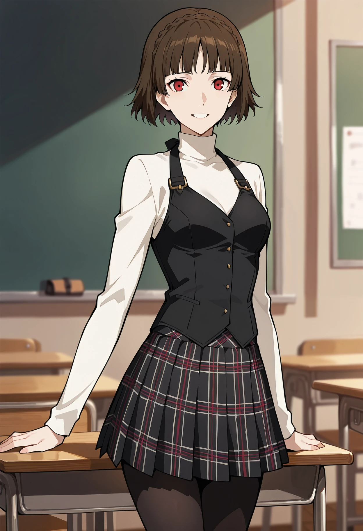 (masterwork, masterpiece, best quality, hyper-detailed :1.2)
1 girl, solo
p5makoto, niijima makoto, brown hair, blunt bangs, crown braid, red eyes,
p5makoto-winuni, white turtleneck, long sleeves, black vest, halter neck vest, pleated plaid skirt, pantyhose,
classroom, standing, smile, teeth, looking at viewer,