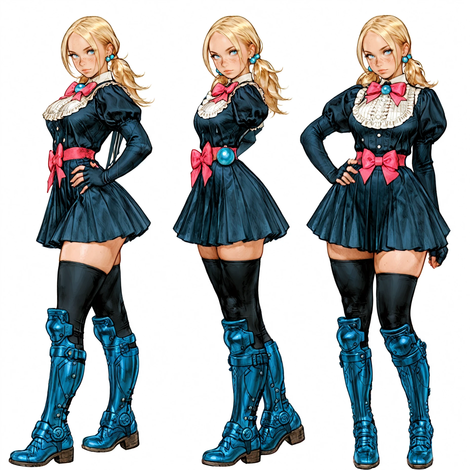 a series of four different images of women holding different sized things in front of them, breasts, blonde hair, blue eyes, cleavage, long hair, highleg, black footwear, thighhighs, hand on hip, hat, thighs, smile, navel, bangs, looking at viewer, holding, huge breasts, gloves, long sleeves, full body