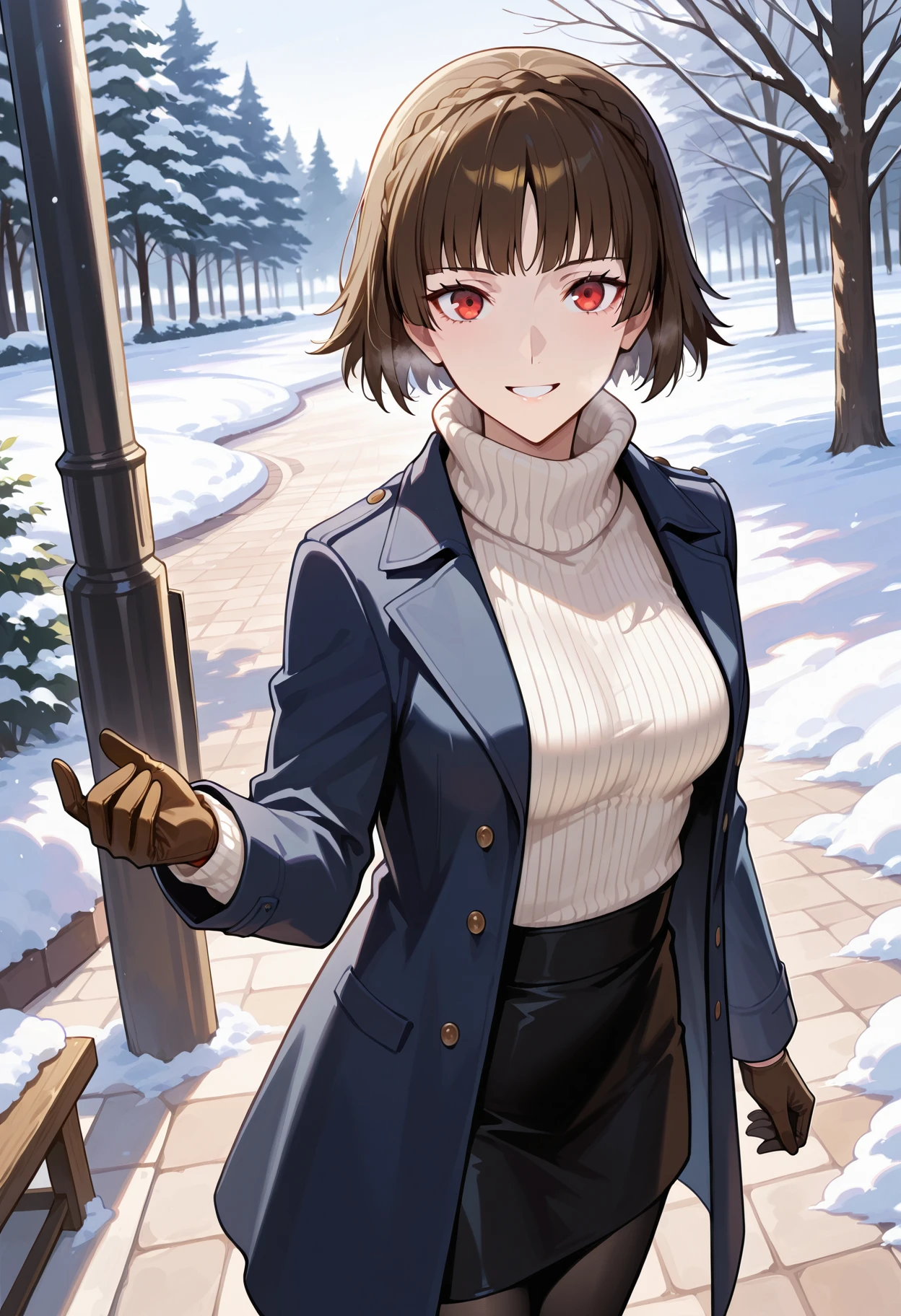 (masterwork, masterpiece, best quality, hyper-detailed :1.2)
1 girl, solo
p5makoto, niijima makoto, brown hair, blunt bangs, crown braid, red eyes,
p5makoto-wintercas2, white ribbed turtleneck, navy blue long coat, blue coat, open coat, black pantyhose, black pencil skirt, brown leather gloves, black chelsea boots
outside, park, trees, greenery, cold, snow, standing, smile, teeth, looking at viewer,