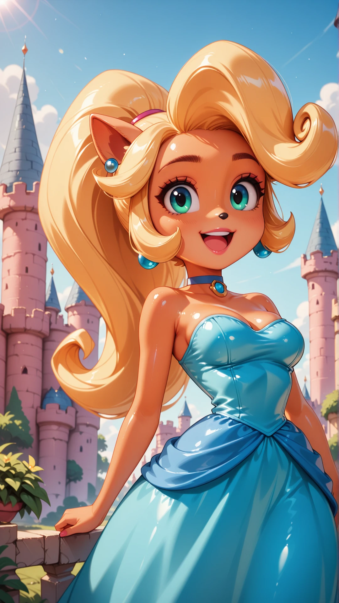 <lora:Princess_Peach_Shiny_Style_V3.0_Illustrious:0.7>, coco bandicoot,1girl,solo,jewelry,earrings,long hair,breasts,very long hair,big hair,choker,dress,medium breasts,bare shoulders,:d,outdoors,smile,open mouth,shiny,shiny skin,castle,